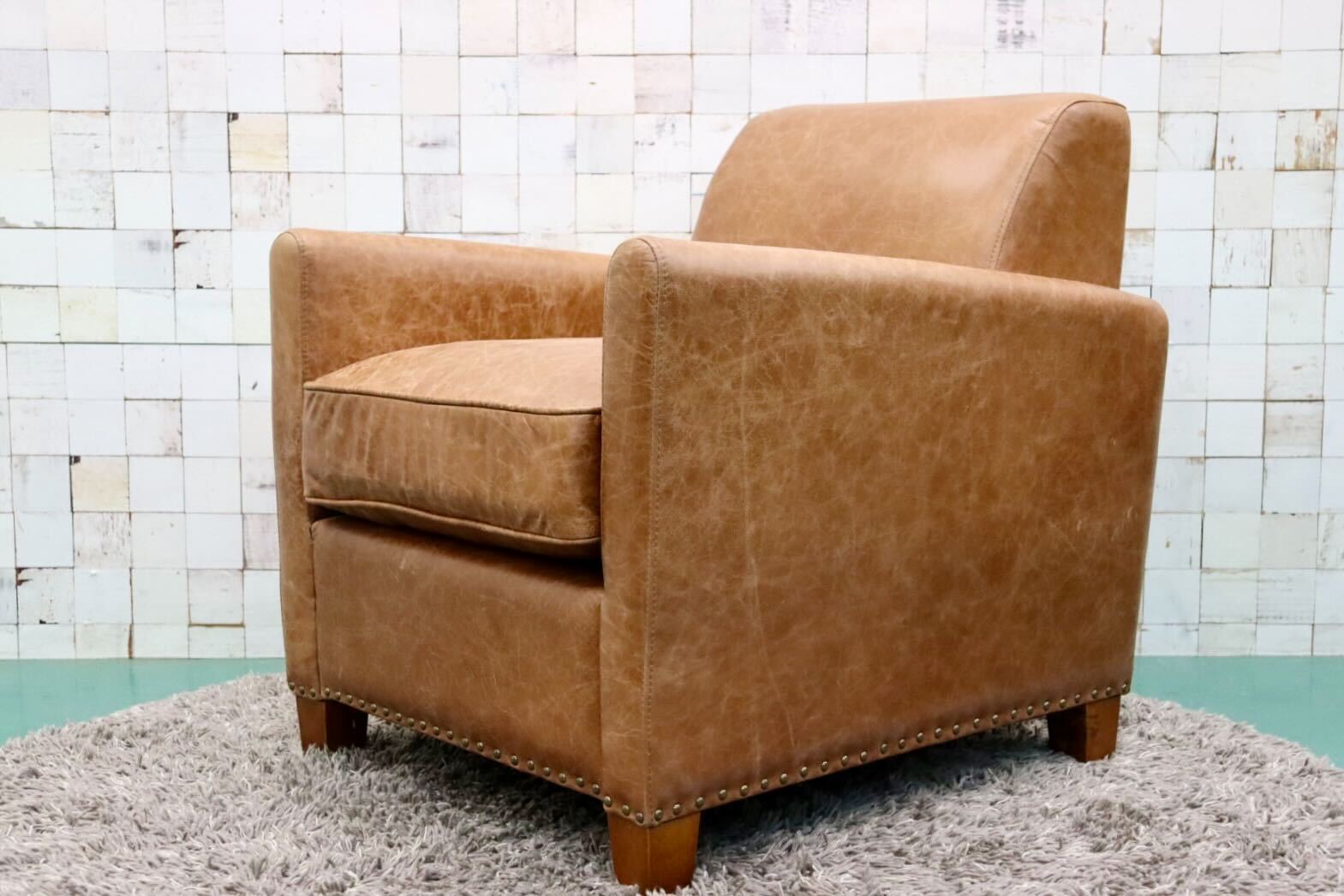 GMGK376A○Canffy / キャンフィー CA-0003 シングルソファ アームチェア ラウンジチェア 本革 ブラウン アンティーク調 定価約12万 展示品