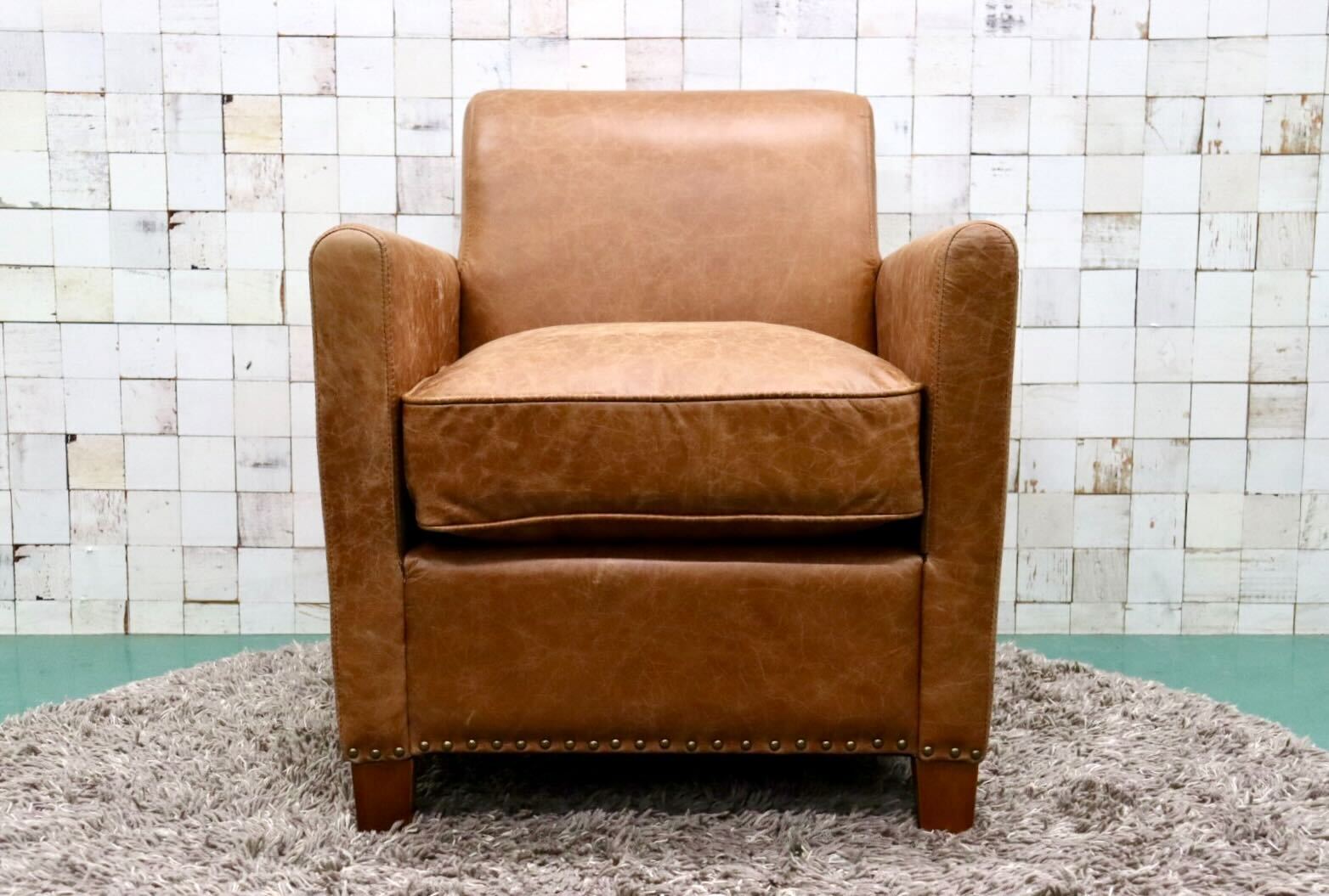 GMGK376A○Canffy / キャンフィー CA-0003 シングルソファ アームチェア ラウンジチェア 本革 ブラウン アンティーク調 定価約12万 展示品