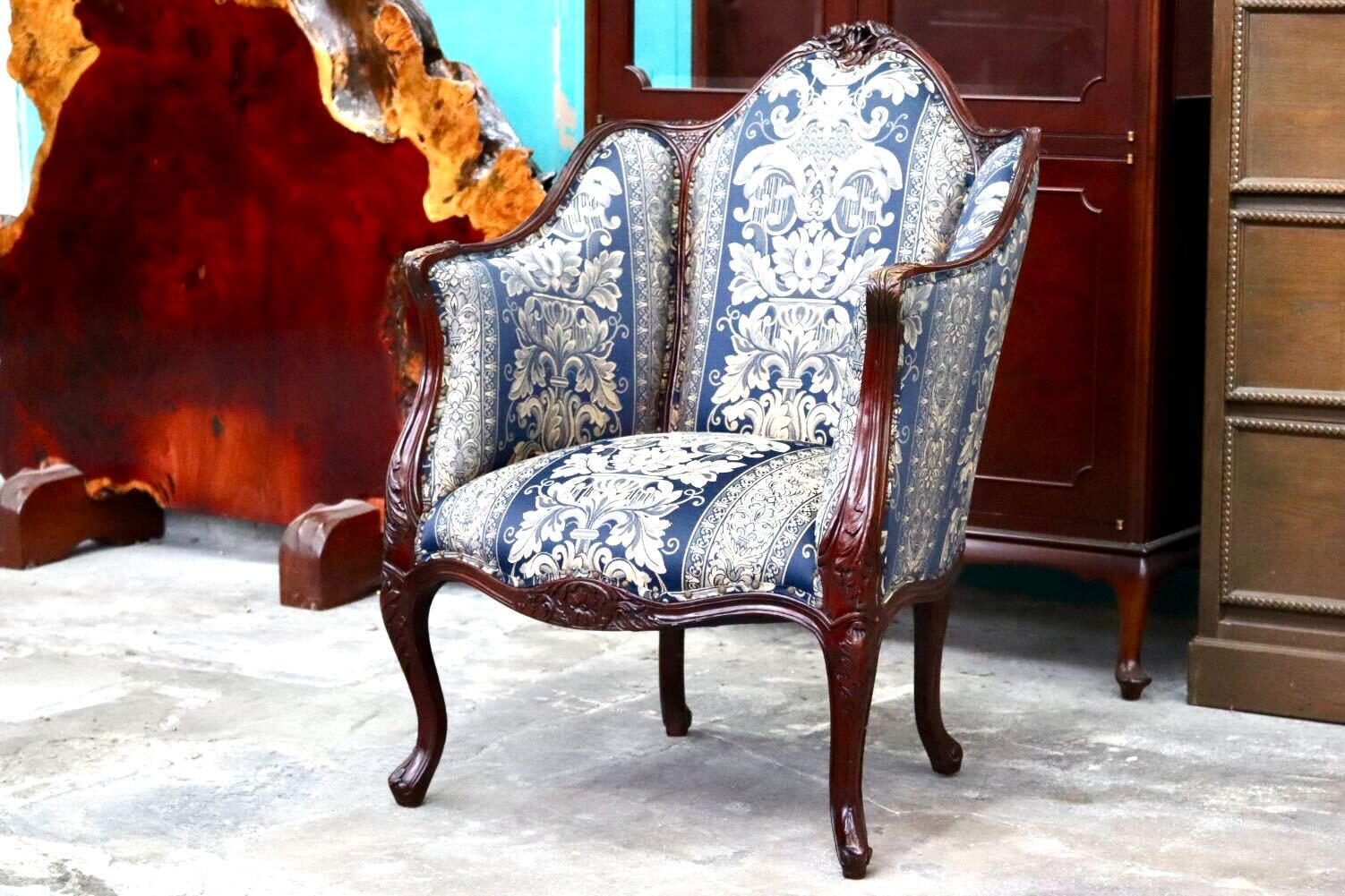 GMIH394C○シングルソファ 1人掛けソファ アームチェア 木製 ファブリック 猫脚 応接 クラシック ヴィンテージ ロココ