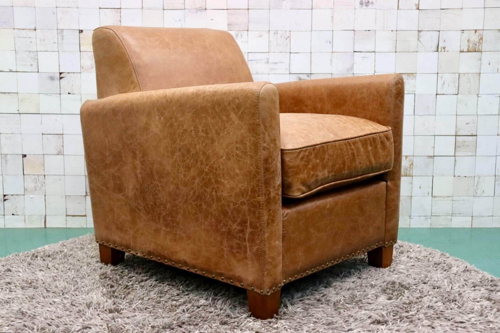 GMGK376A○Canffy / キャンフィー CA-0003 シングルソファ アームチェア ラウンジチェア 本革 ブラウン アンティーク調 定価約12万 展示品