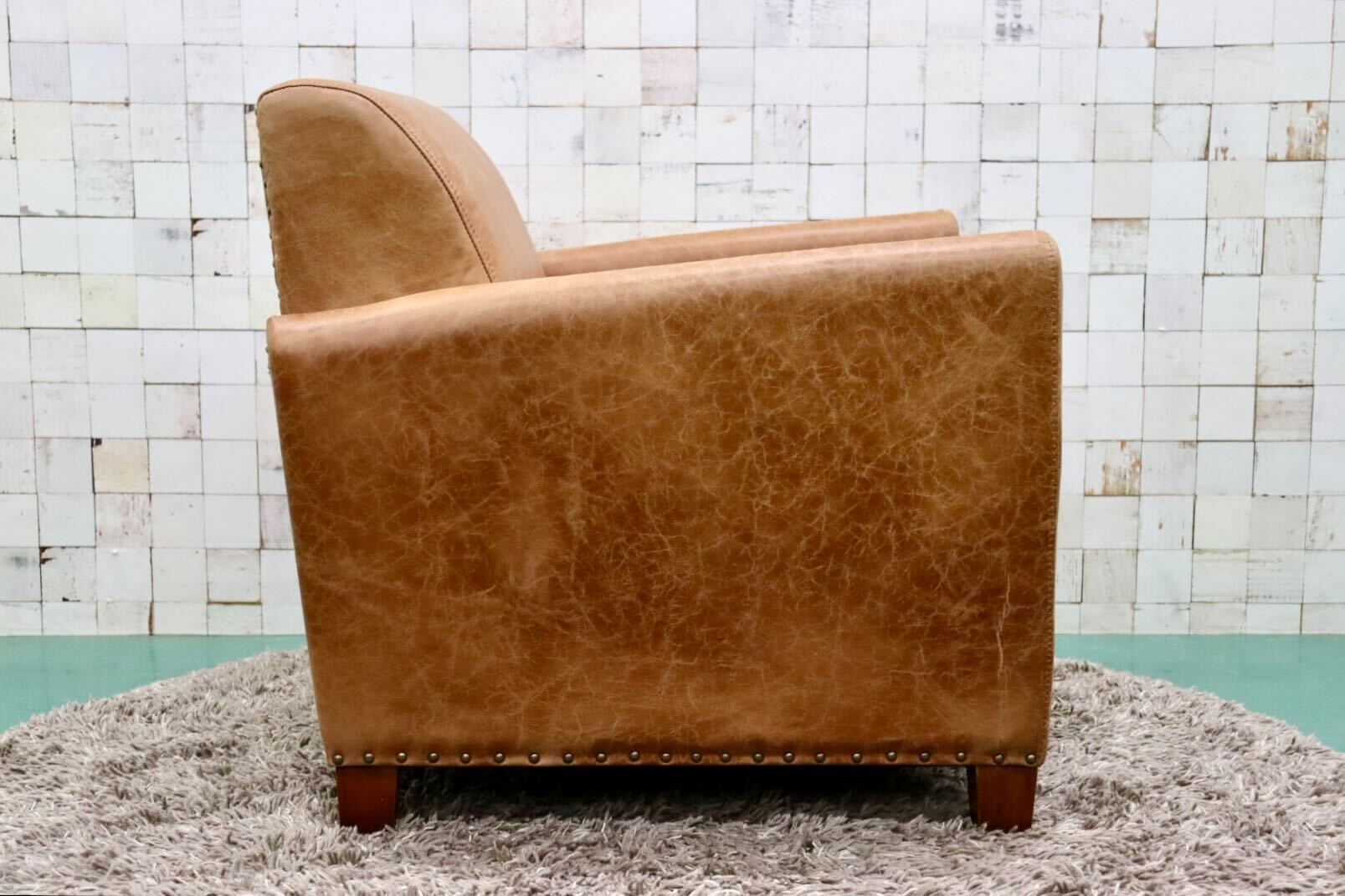 GMGK376A○Canffy / キャンフィー CA-0003 シングルソファ アームチェア ラウンジチェア 本革 ブラウン アンティーク調 定価約12万 展示品