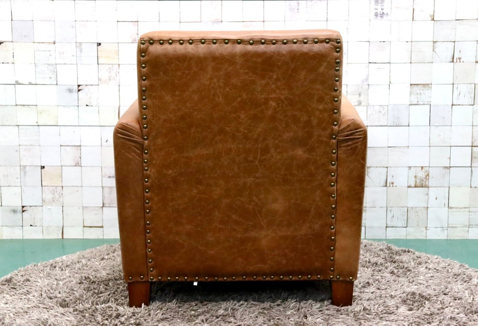 GMGK376A○Canffy / キャンフィー CA-0003 シングルソファ アームチェア ラウンジチェア 本革 ブラウン アンティーク調 定価約12万 展示品