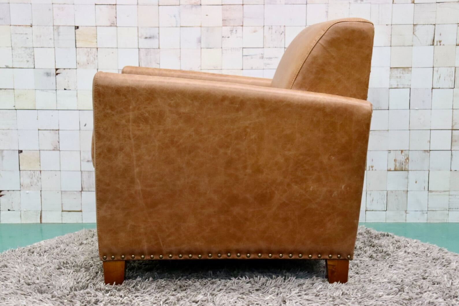 GMGK376A○Canffy / キャンフィー CA-0003 シングルソファ アームチェア ラウンジチェア 本革 ブラウン アンティーク調 定価約12万 展示品