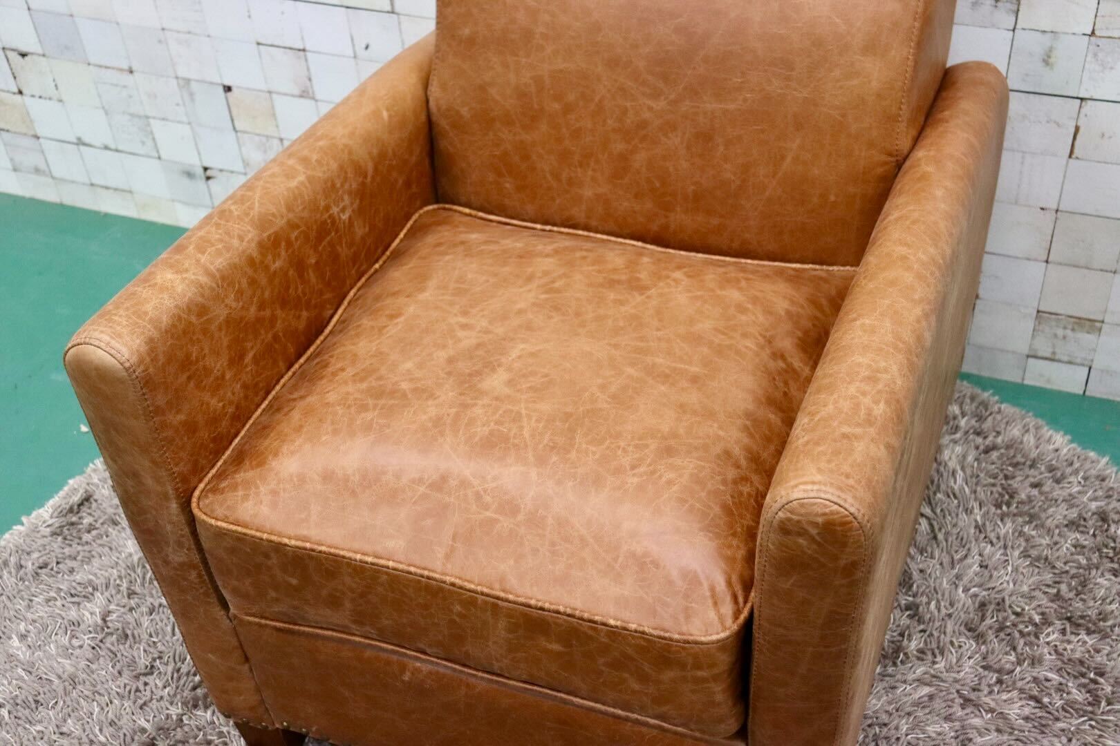 GMGK376A○Canffy / キャンフィー CA-0003 シングルソファ アームチェア ラウンジチェア 本革 ブラウン アンティーク調 定価約12万 展示品