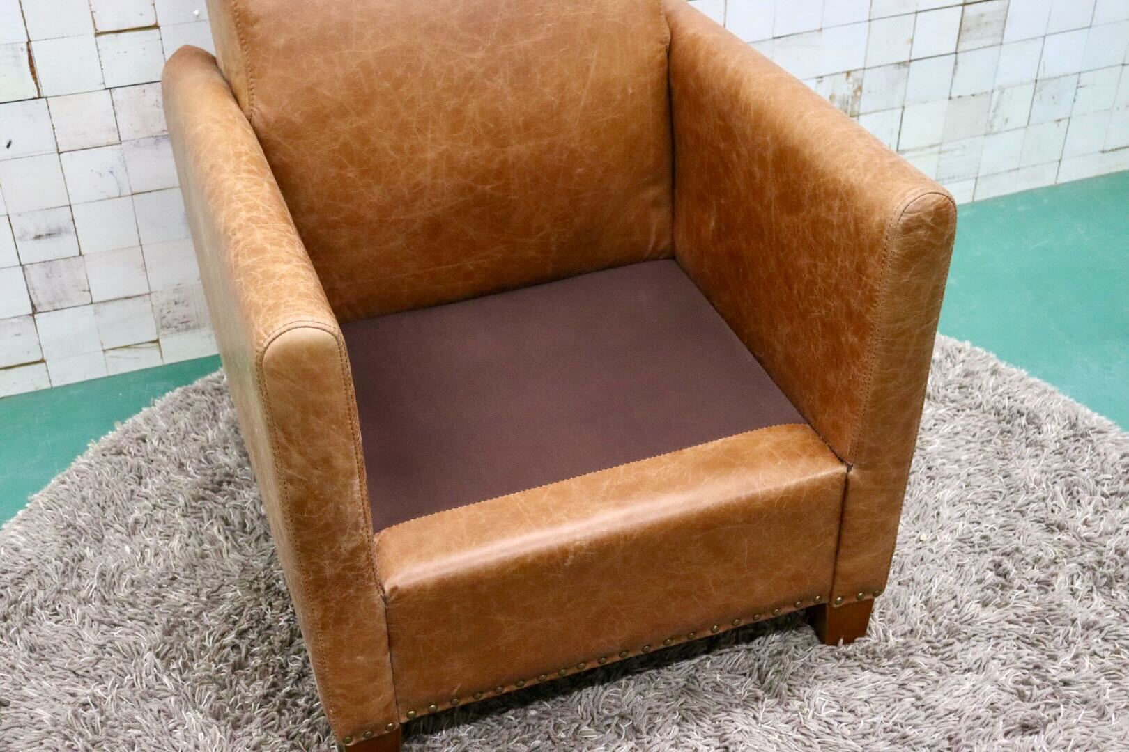 GMGK376A○Canffy / キャンフィー CA-0003 シングルソファ アームチェア ラウンジチェア 本革 ブラウン アンティーク調 定価約12万 展示品