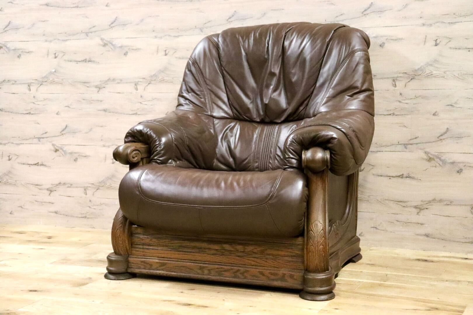 GMHS144B○オランダ製 ダッチカントリー 1人掛けソファ シングルソファ オーク材 本革 応接 リビング ブラウン ヴィンテージ 約35万