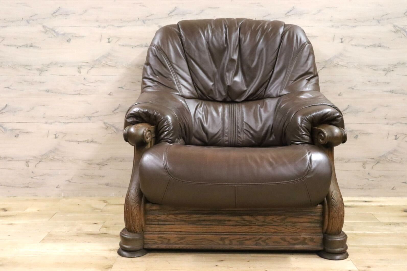 GMHS144B○オランダ製 ダッチカントリー 1人掛けソファ シングルソファ オーク材 本革 応接 リビング ブラウン ヴィンテージ 約35万