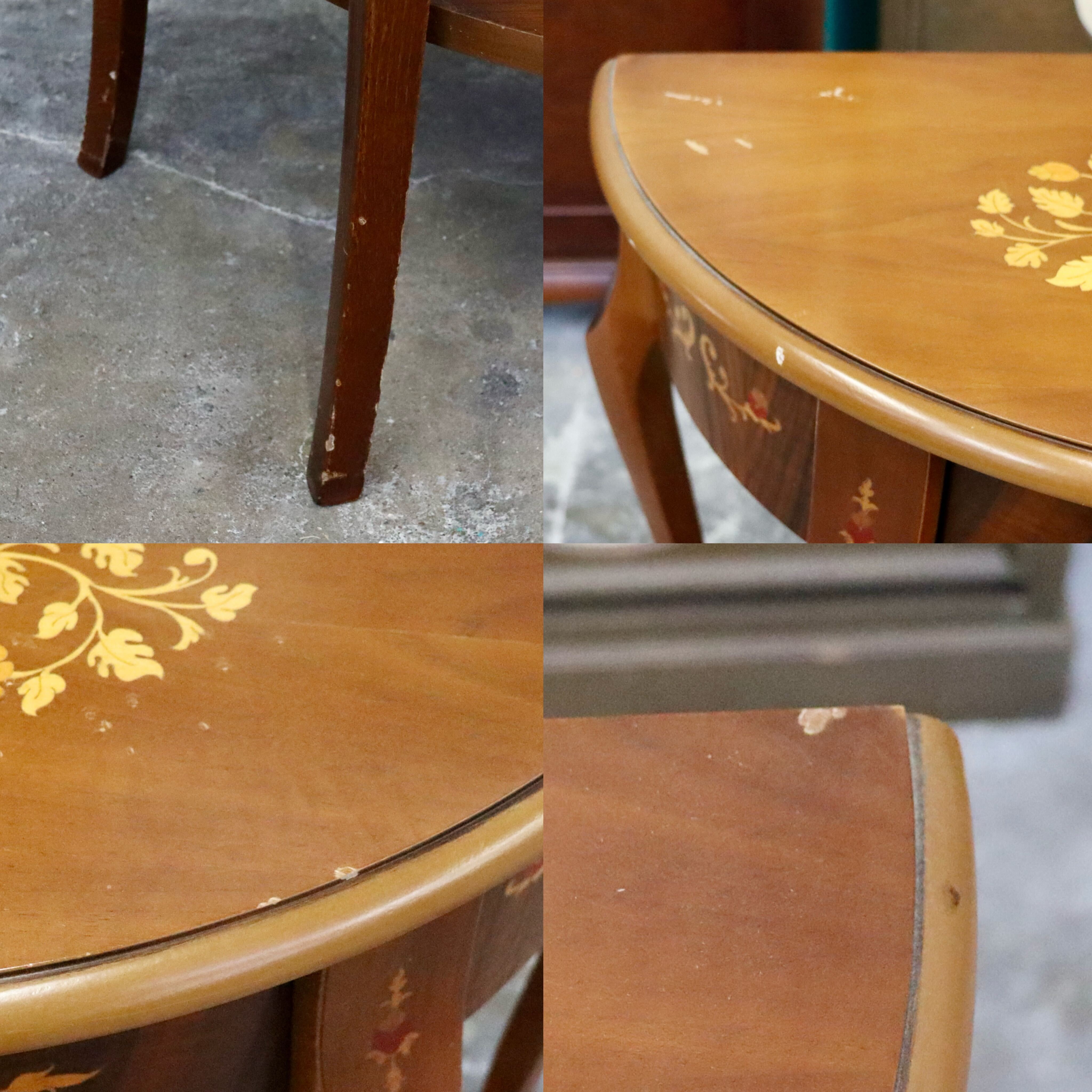 GMIH362○サイドテーブル コンソールテーブル 半円形テーブル 象嵌細工 花台 飾り台 猫脚 アンティーク クラシック