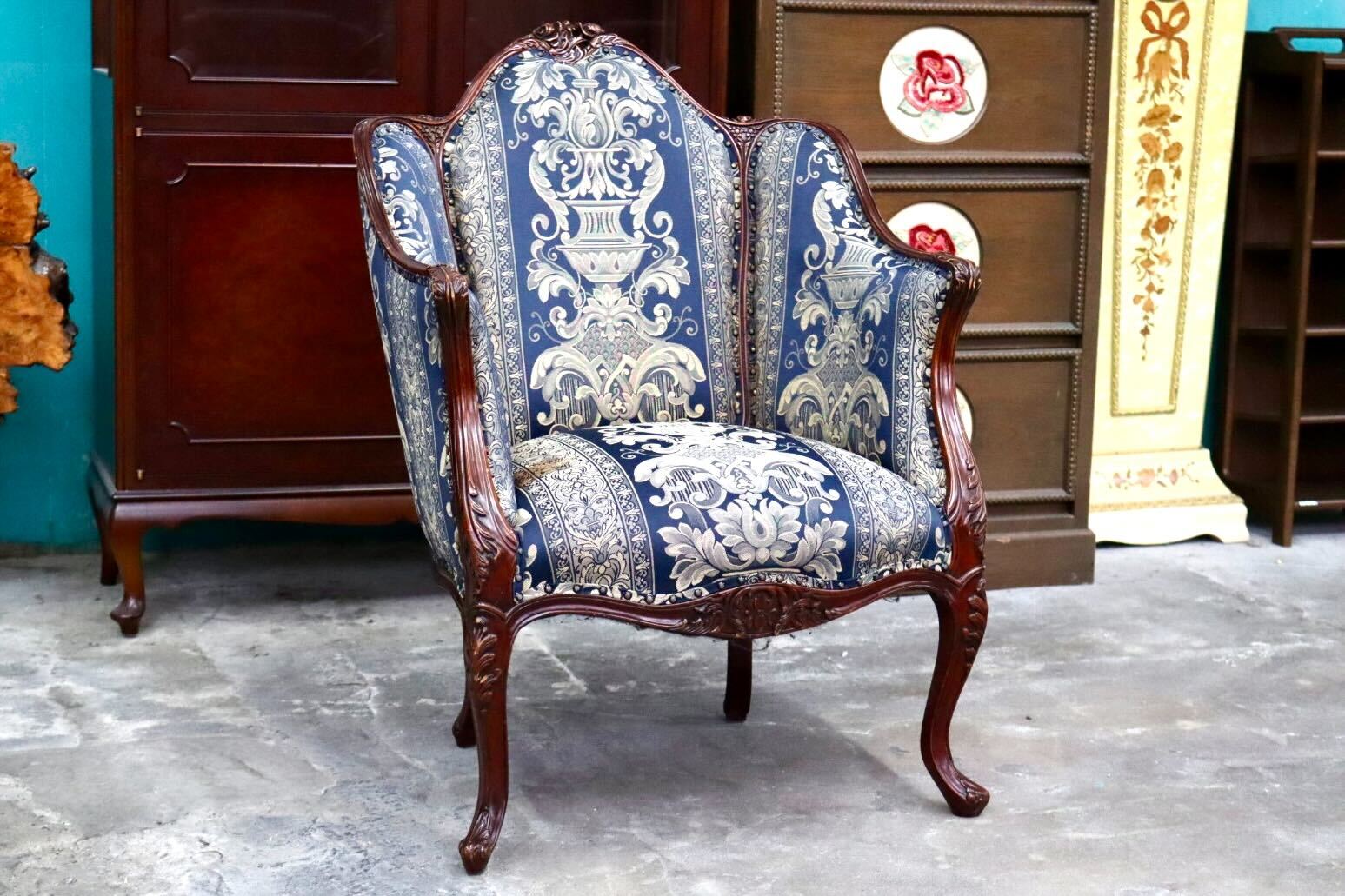 GMIH394D○シングルソファ 1人掛けソファ アームチェア 木製 ファブリック 猫脚 応接 クラシック ヴィンテージ ロココ