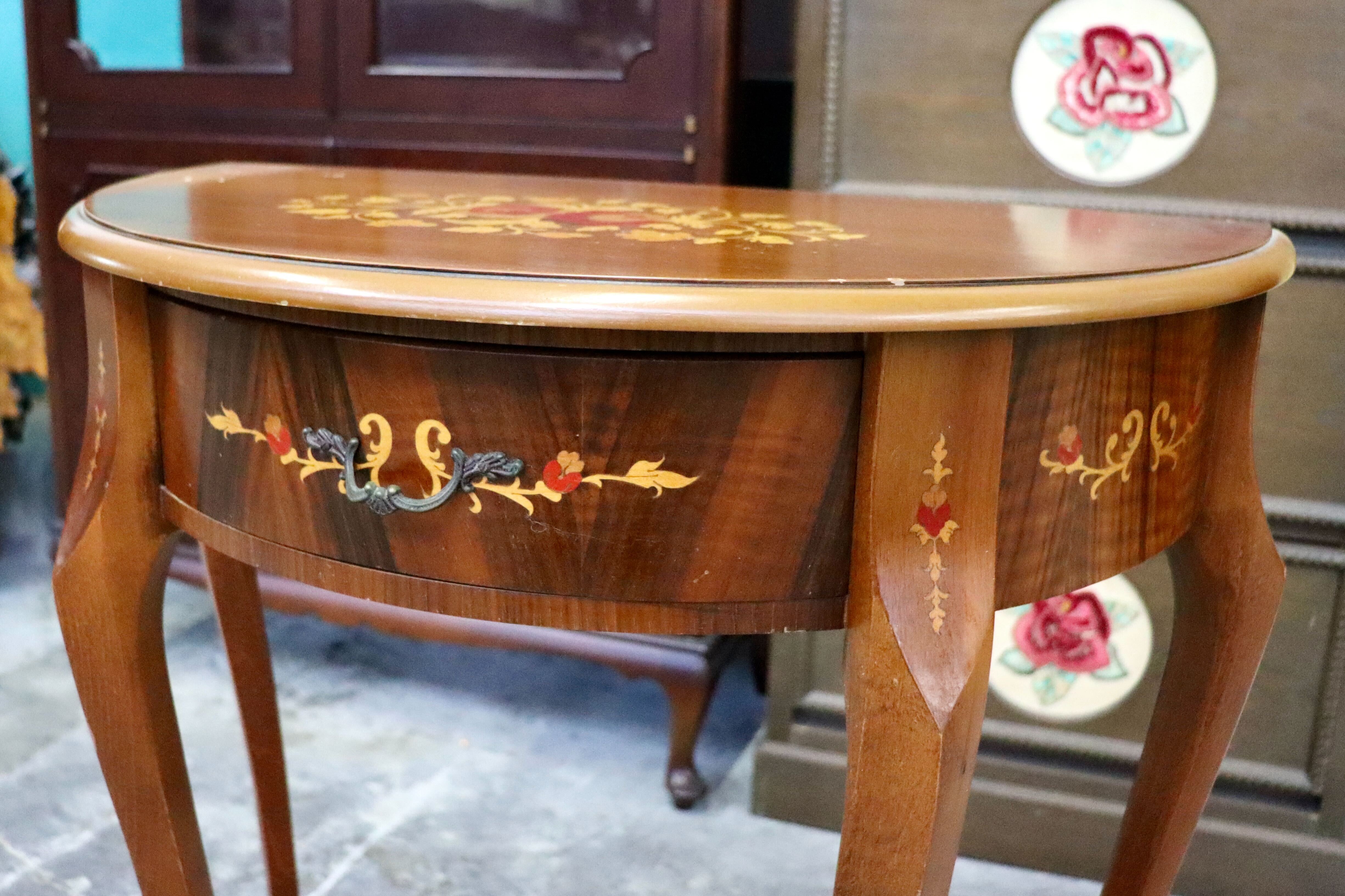 GMIH362○サイドテーブル コンソールテーブル 半円形テーブル 象嵌細工 花台 飾り台 猫脚 アンティーク クラシック