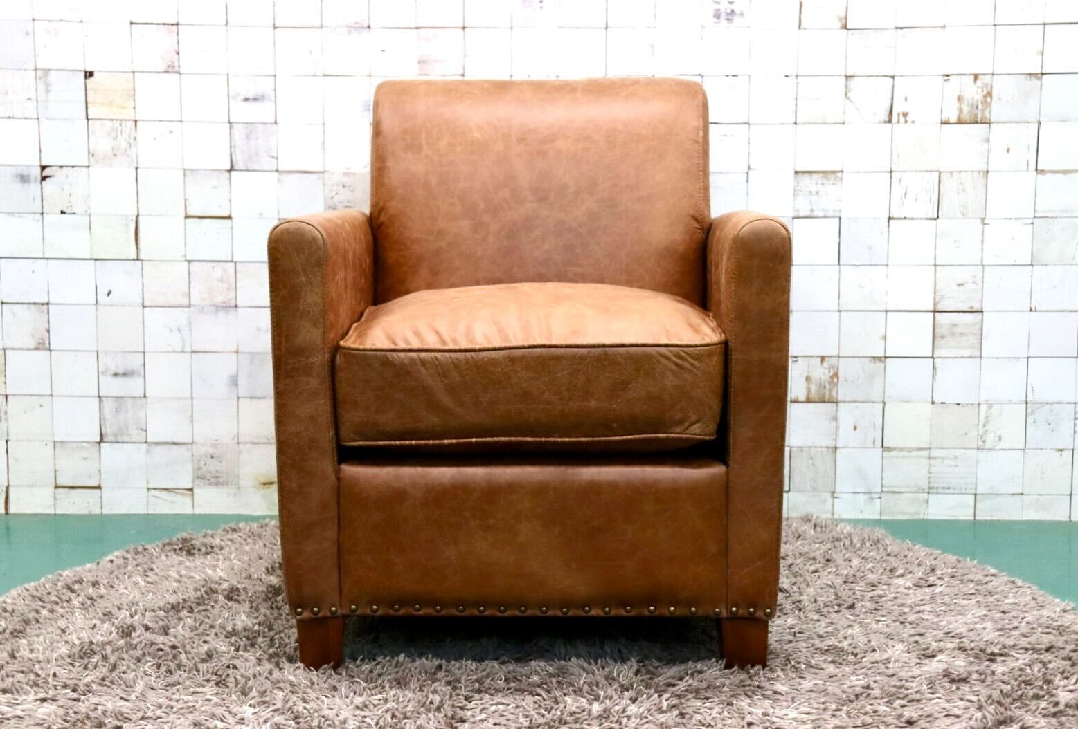 GMGK376B○Canffy / キャンフィー CA-0003 シングルソファ アームチェア ラウンジチェア 本革 ブラウン アンティーク調 定価約12万 展示品