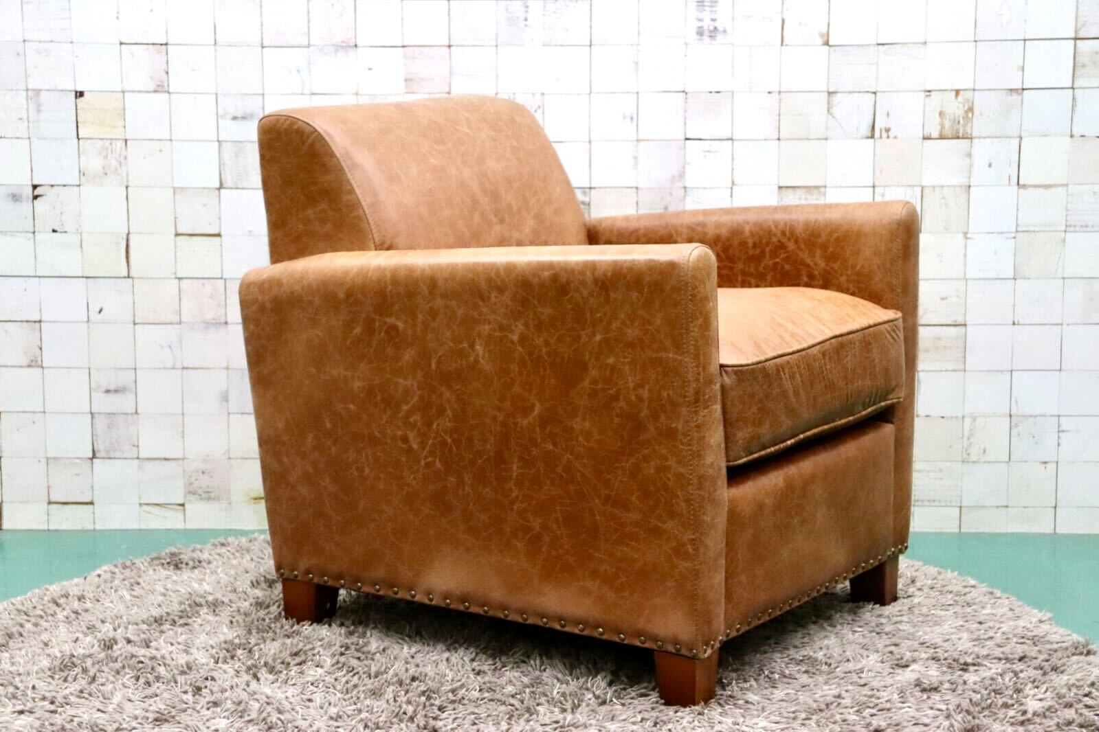 GMGK376B○Canffy / キャンフィー CA-0003 シングルソファ アームチェア ラウンジチェア 本革 ブラウン アンティーク調 定価約12万 展示品