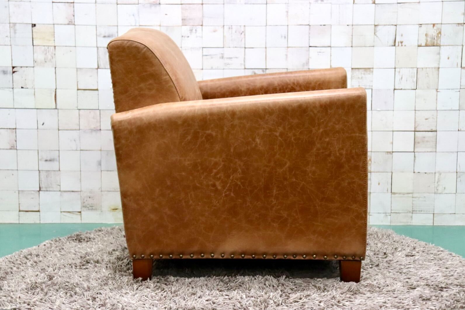 GMGK376B○Canffy / キャンフィー CA-0003 シングルソファ アームチェア ラウンジチェア 本革 ブラウン アンティーク調 定価約12万 展示品