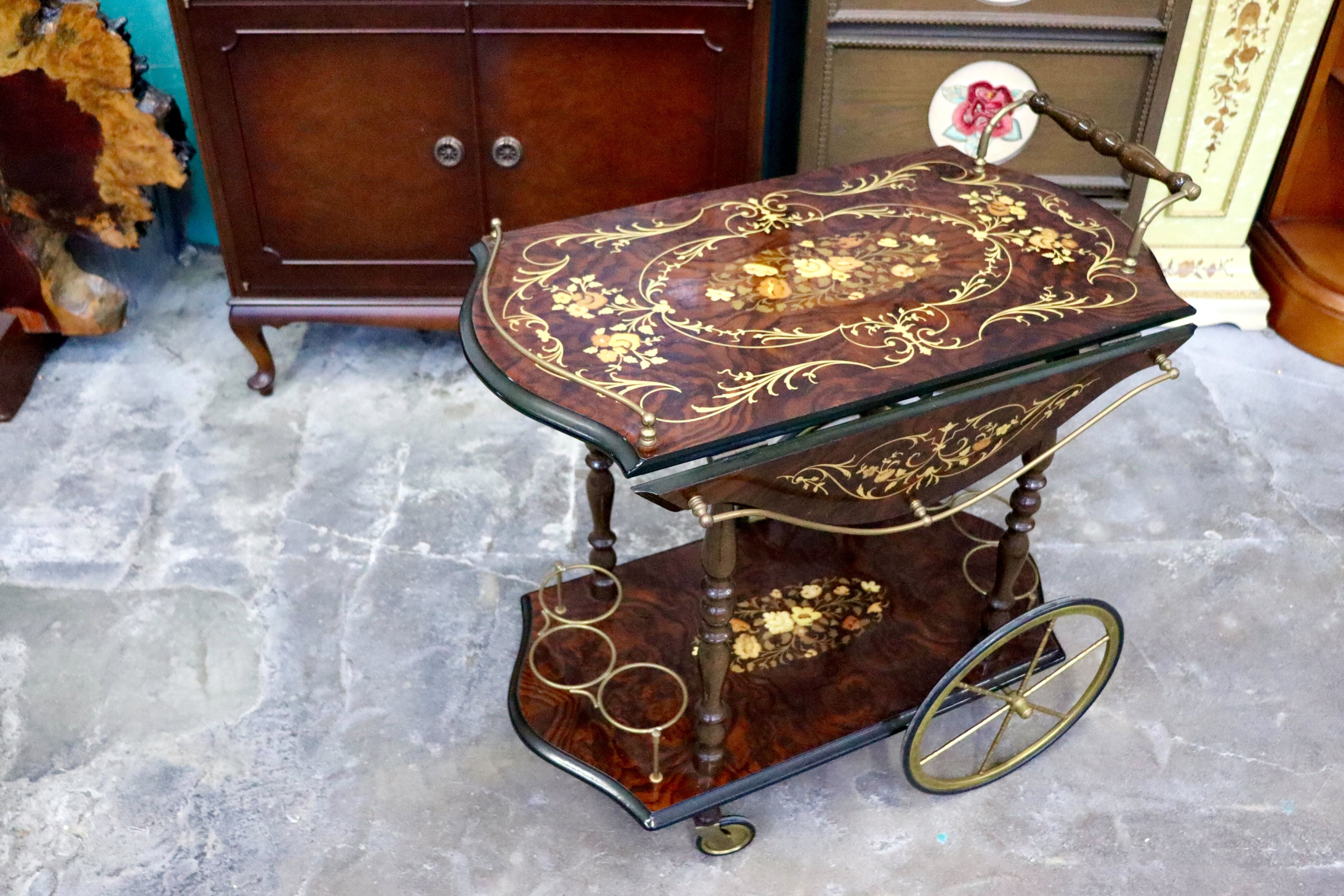 GMIH367○イタリア製 キッチンワゴン 配膳ワゴン ワインラック キャスターワゴン 象嵌細工 クラシック アンティーク