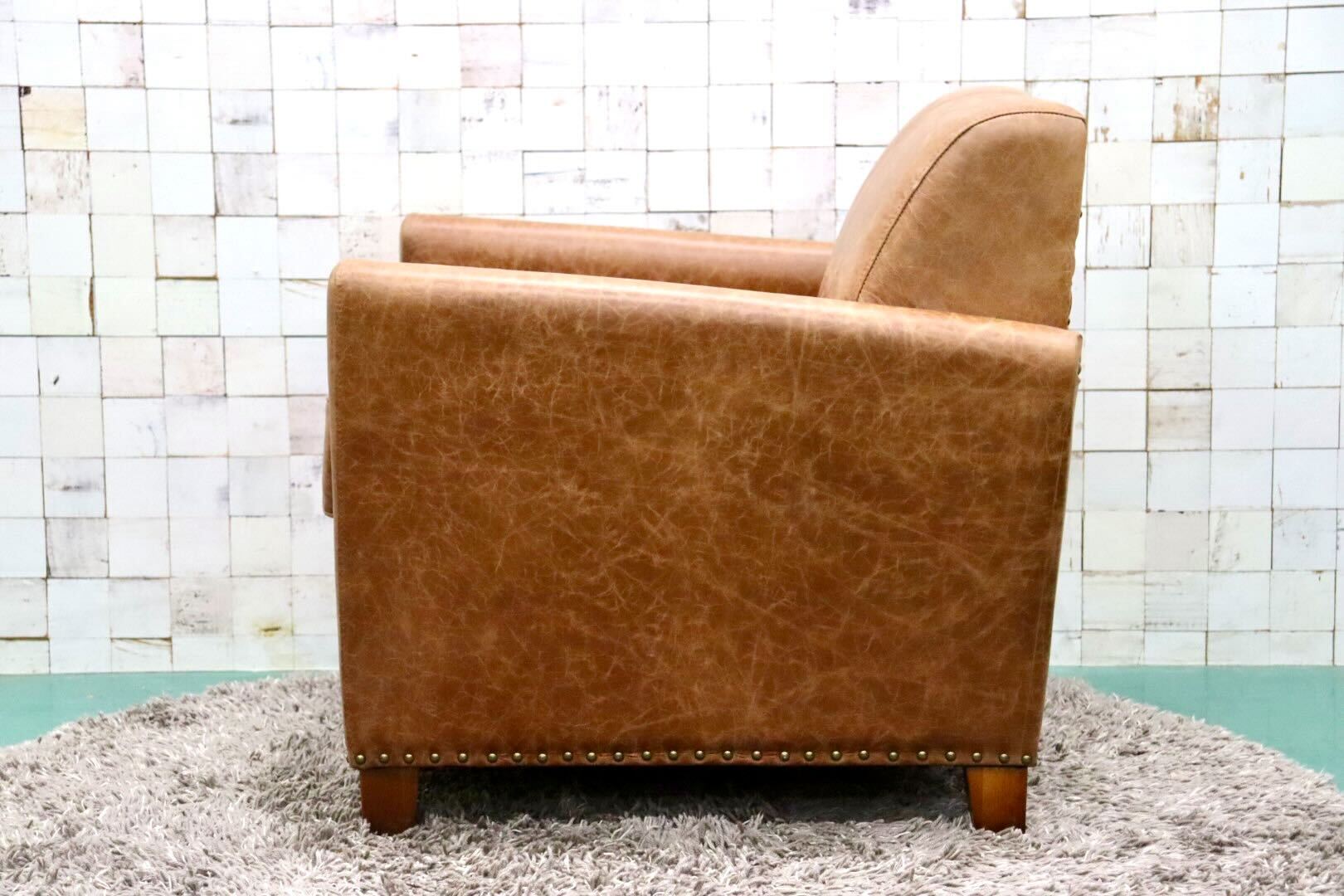 GMGK376B○Canffy / キャンフィー CA-0003 シングルソファ アームチェア ラウンジチェア 本革 ブラウン アンティーク調 定価約12万 展示品