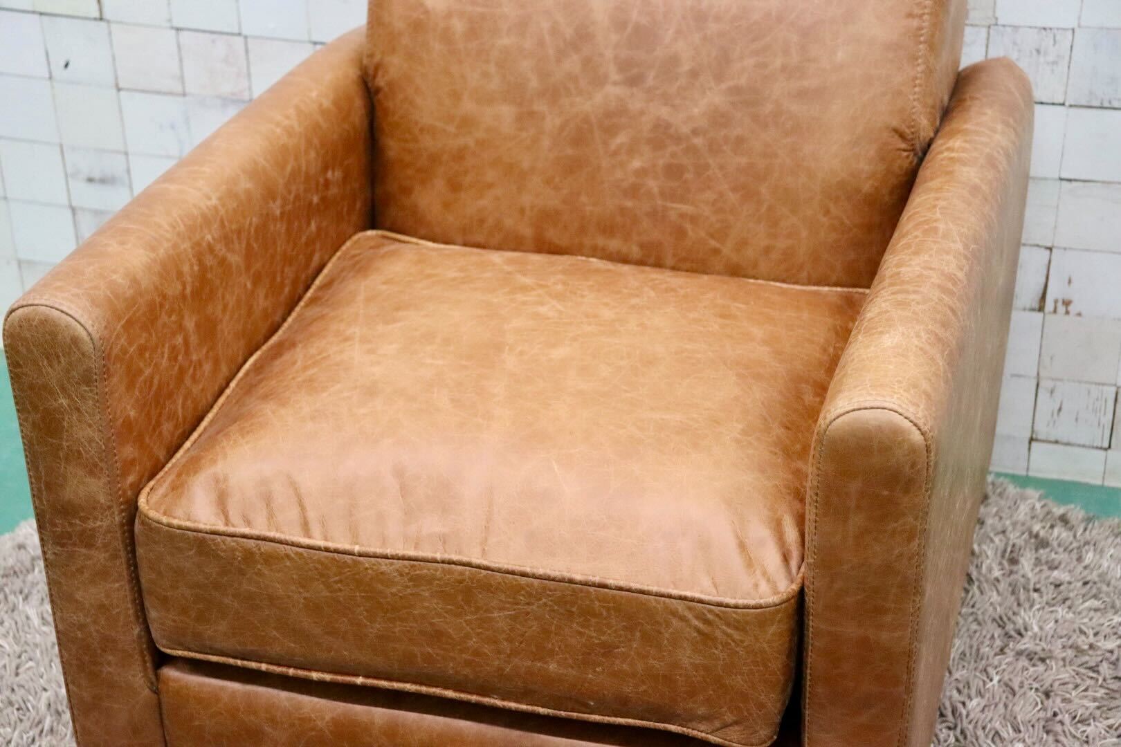 GMGK376B○Canffy / キャンフィー CA-0003 シングルソファ アームチェア ラウンジチェア 本革 ブラウン アンティーク調 定価約12万 展示品