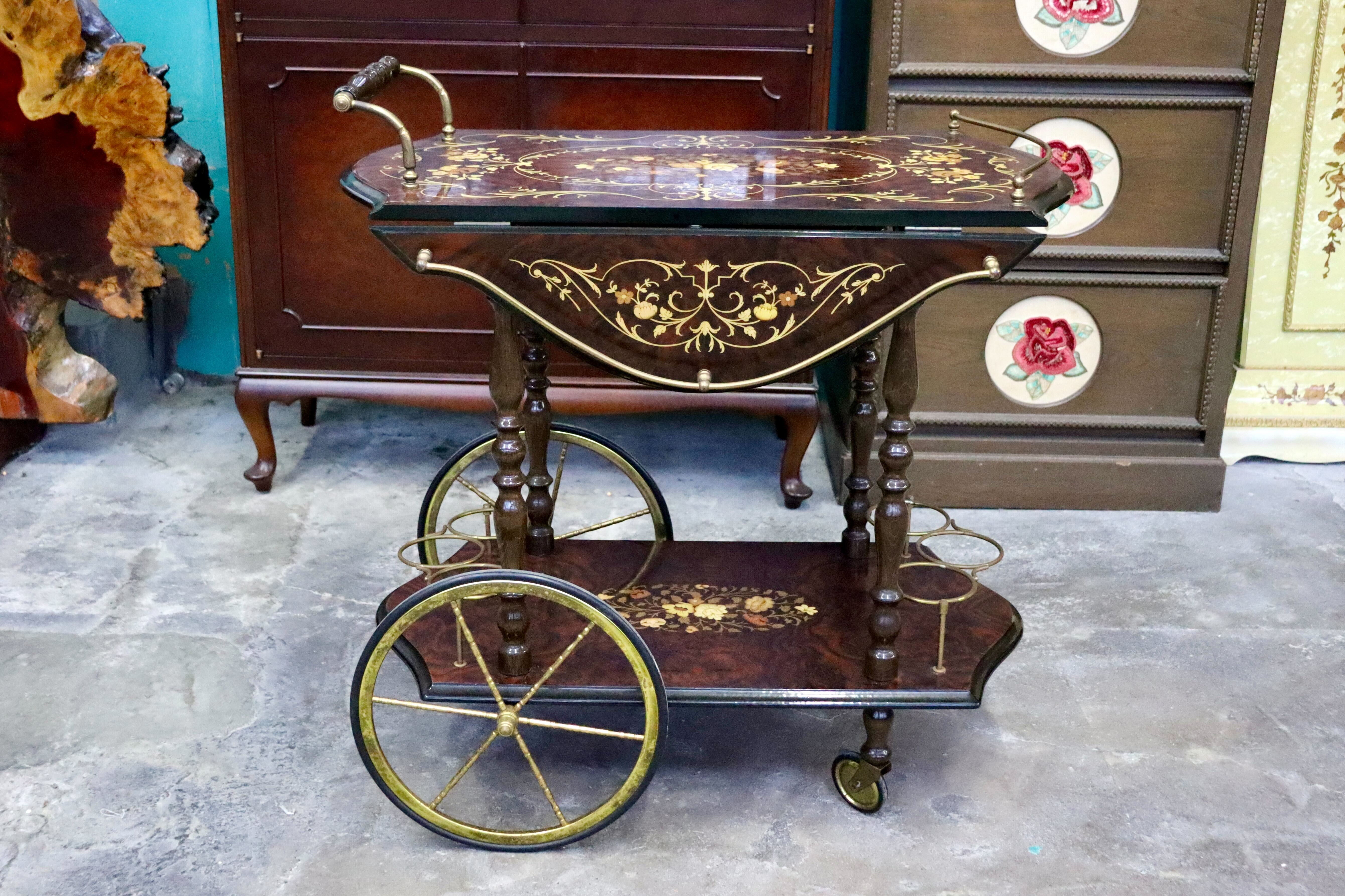 GMIH367○イタリア製 キッチンワゴン 配膳ワゴン ワインラック キャスターワゴン 象嵌細工 クラシック アンティーク