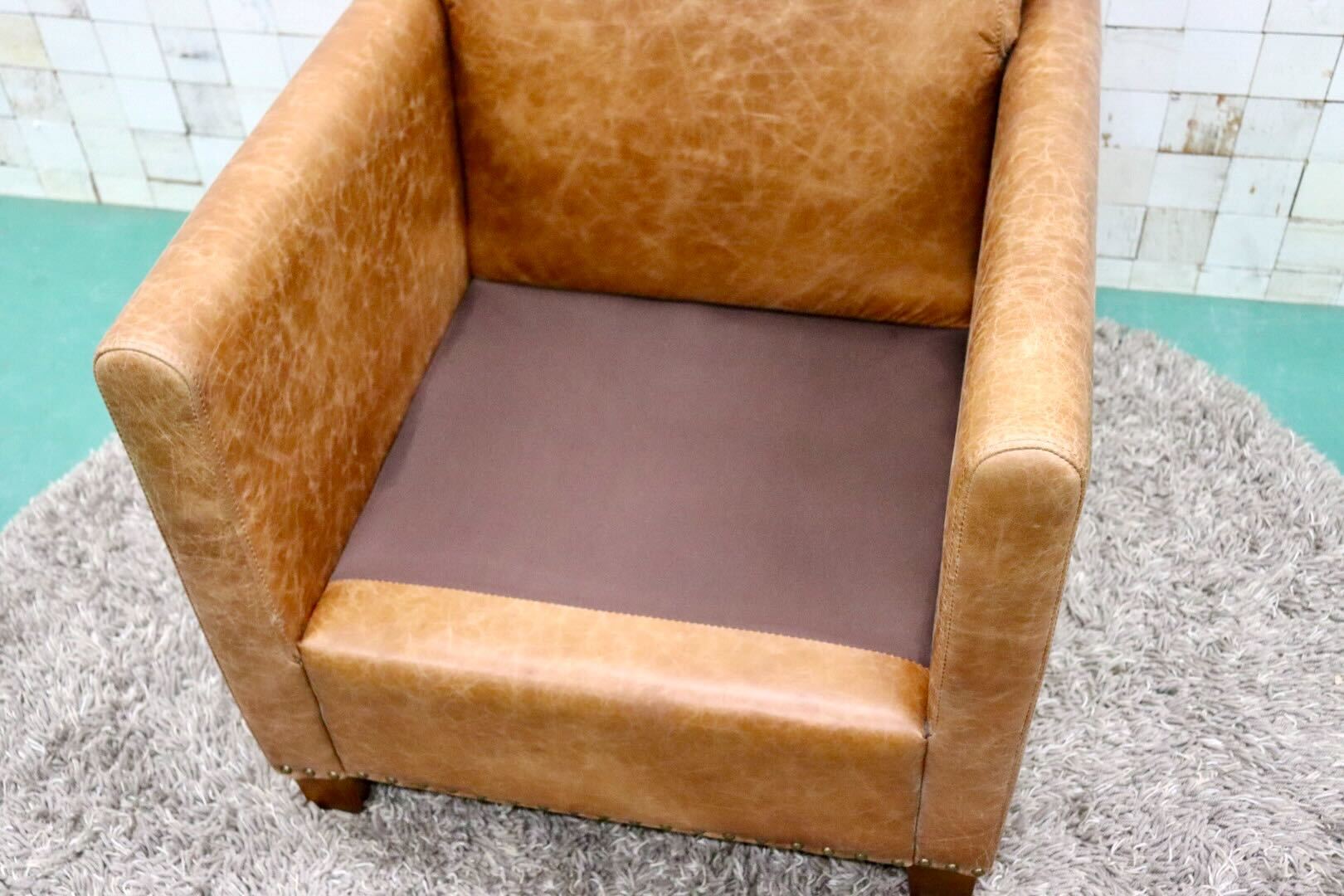 GMGK376B○Canffy / キャンフィー CA-0003 シングルソファ アームチェア ラウンジチェア 本革 ブラウン アンティーク調 定価約12万 展示品