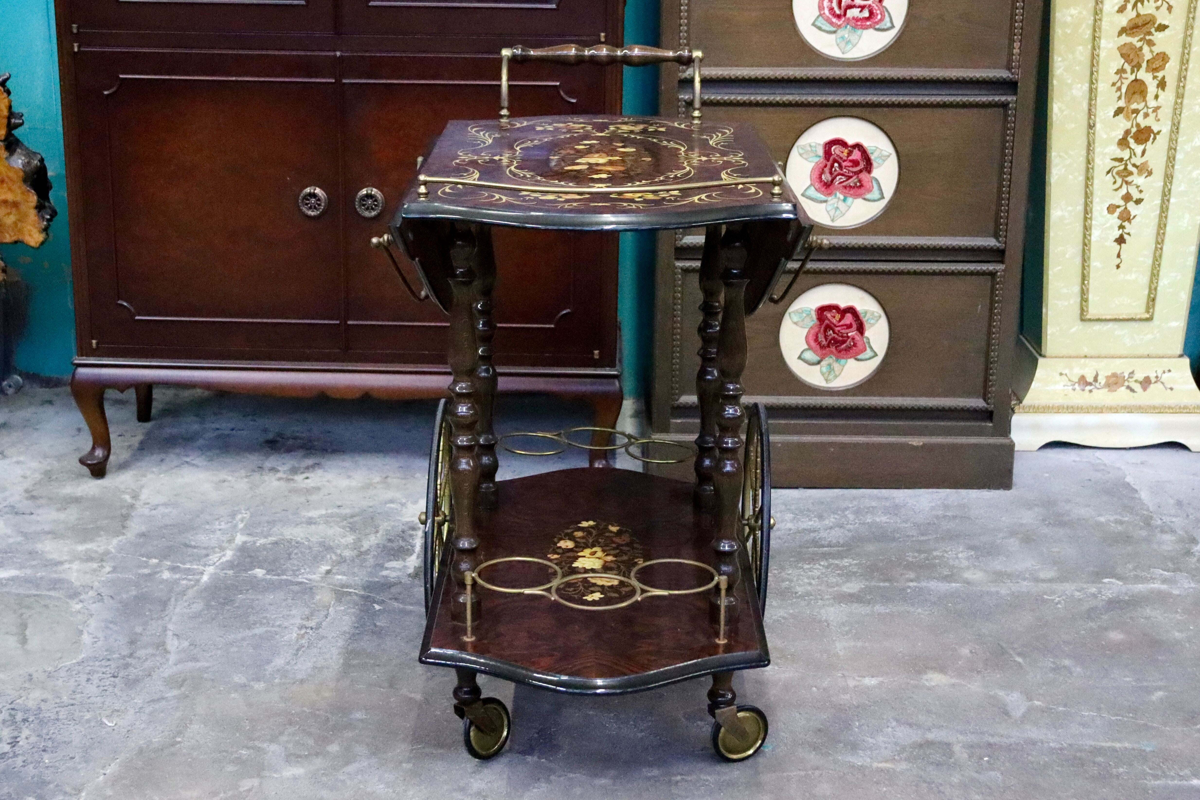 GMIH367○イタリア製 キッチンワゴン 配膳ワゴン ワインラック キャスターワゴン 象嵌細工 クラシック アンティーク