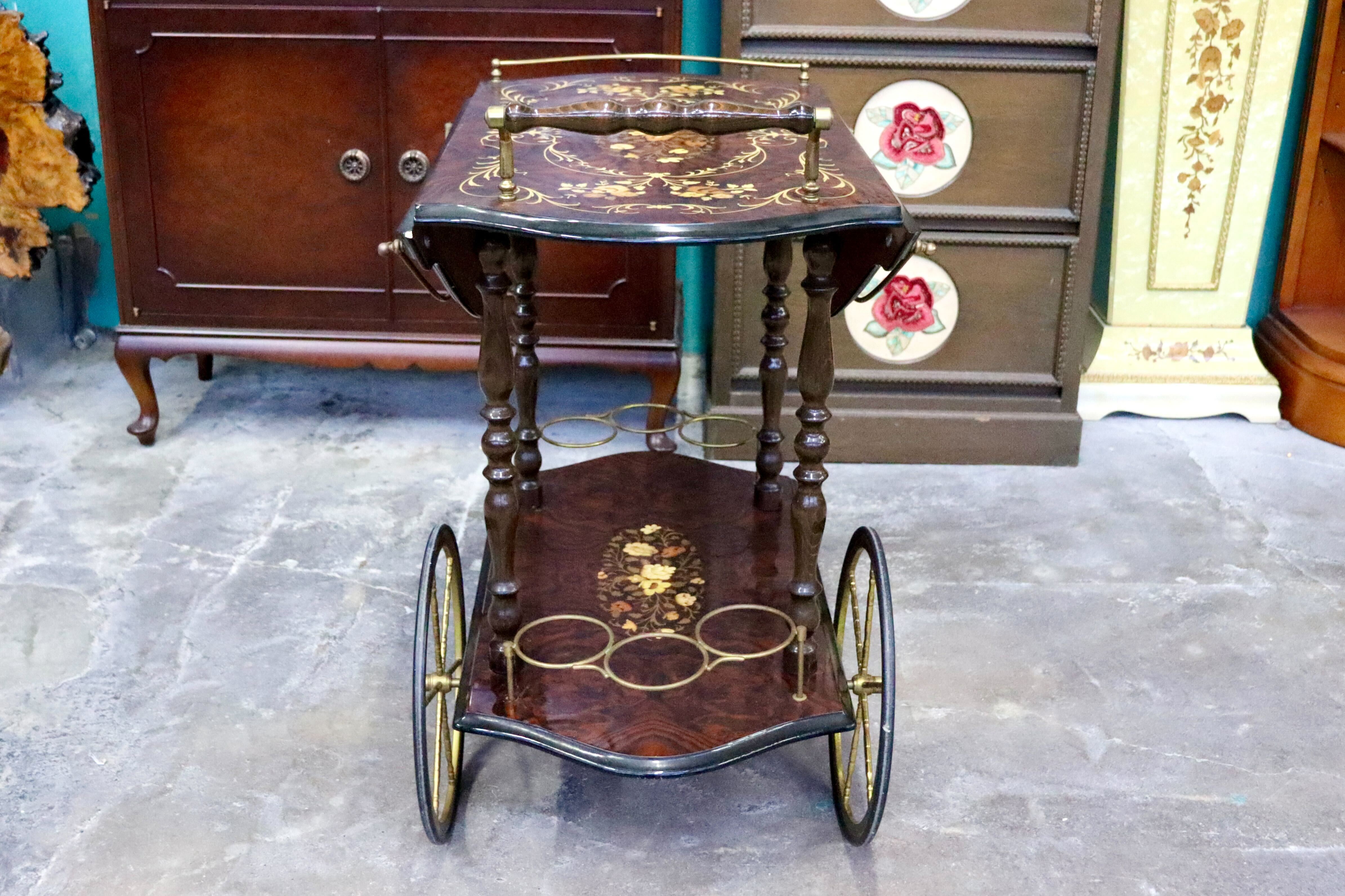 GMIH367○イタリア製 キッチンワゴン 配膳ワゴン ワインラック キャスターワゴン 象嵌細工 クラシック アンティーク