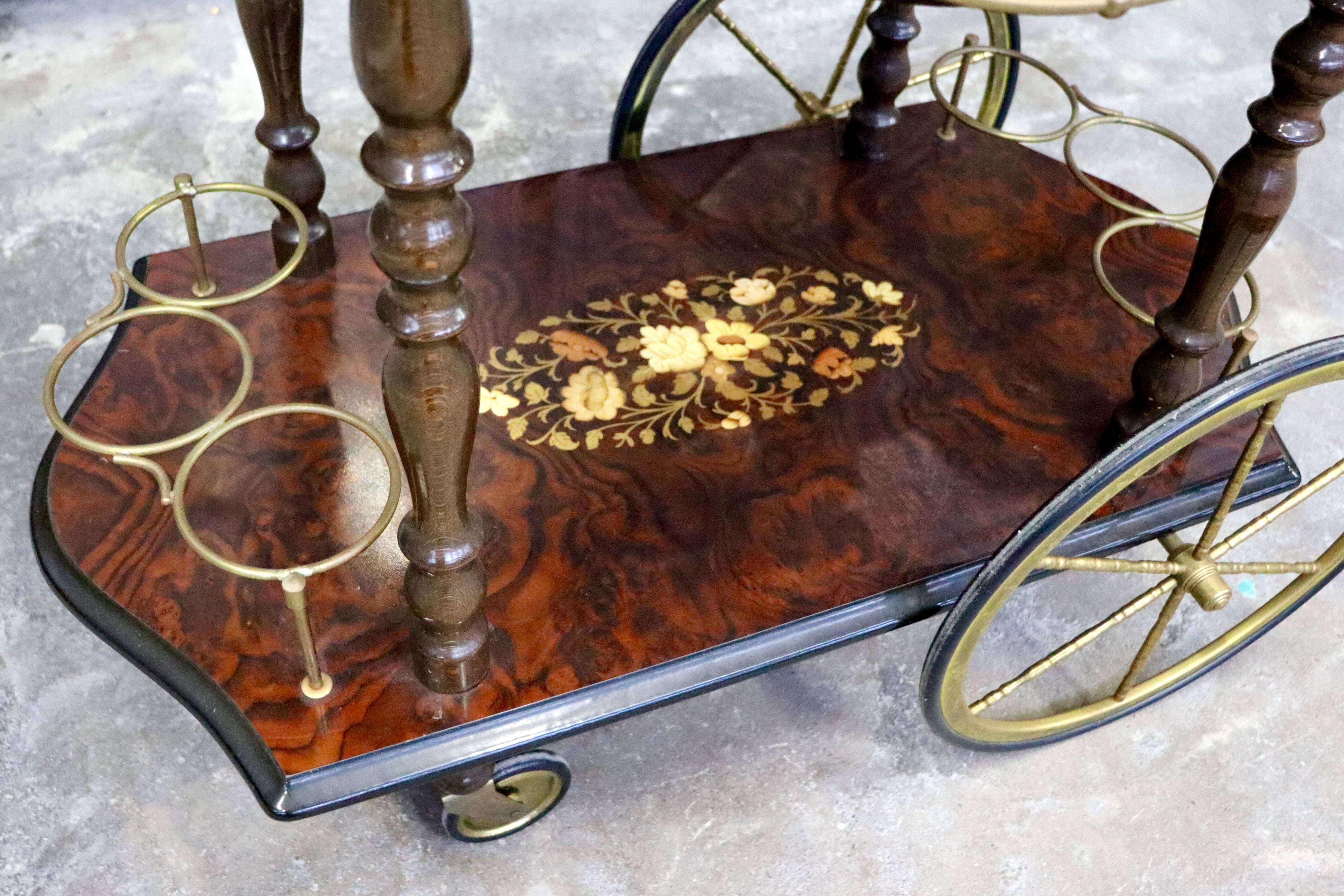 GMIH367○イタリア製 キッチンワゴン 配膳ワゴン ワインラック キャスターワゴン 象嵌細工 クラシック アンティーク