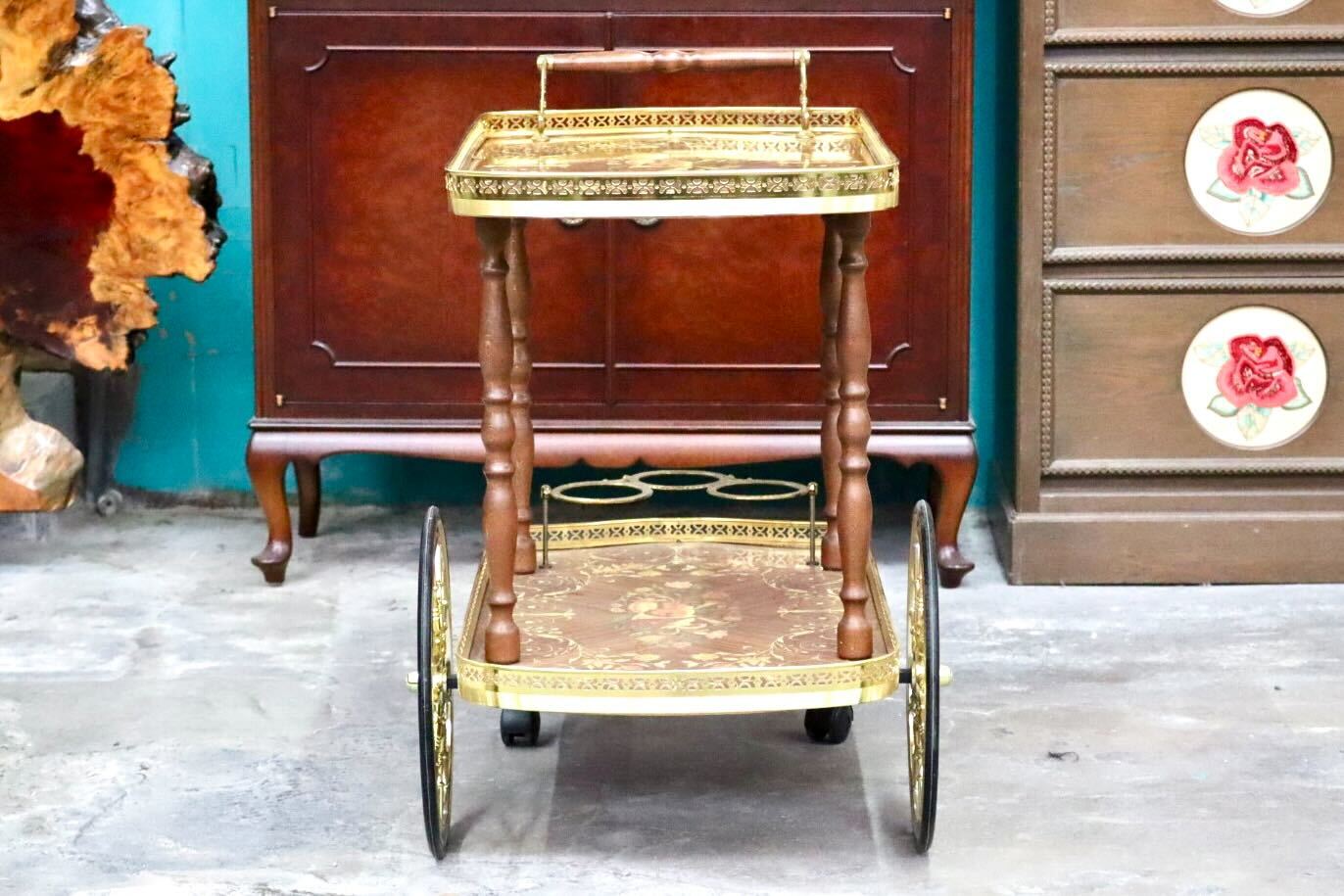 GMIS501○イタリア製 キッチンワゴン 配膳ワゴン ワインラック サイドテーブル キャスター 象嵌細工 クラシック アンティーク