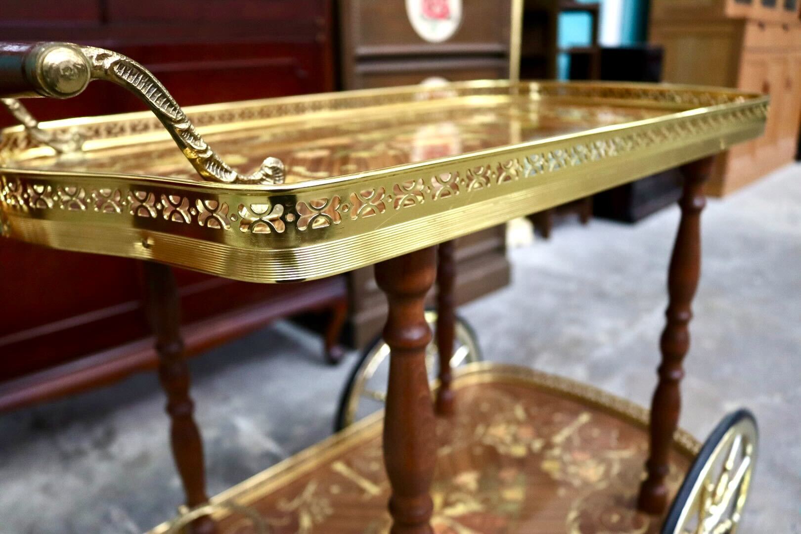 GMIS501○イタリア製 キッチンワゴン 配膳ワゴン ワインラック サイドテーブル キャスター 象嵌細工 クラシック アンティーク