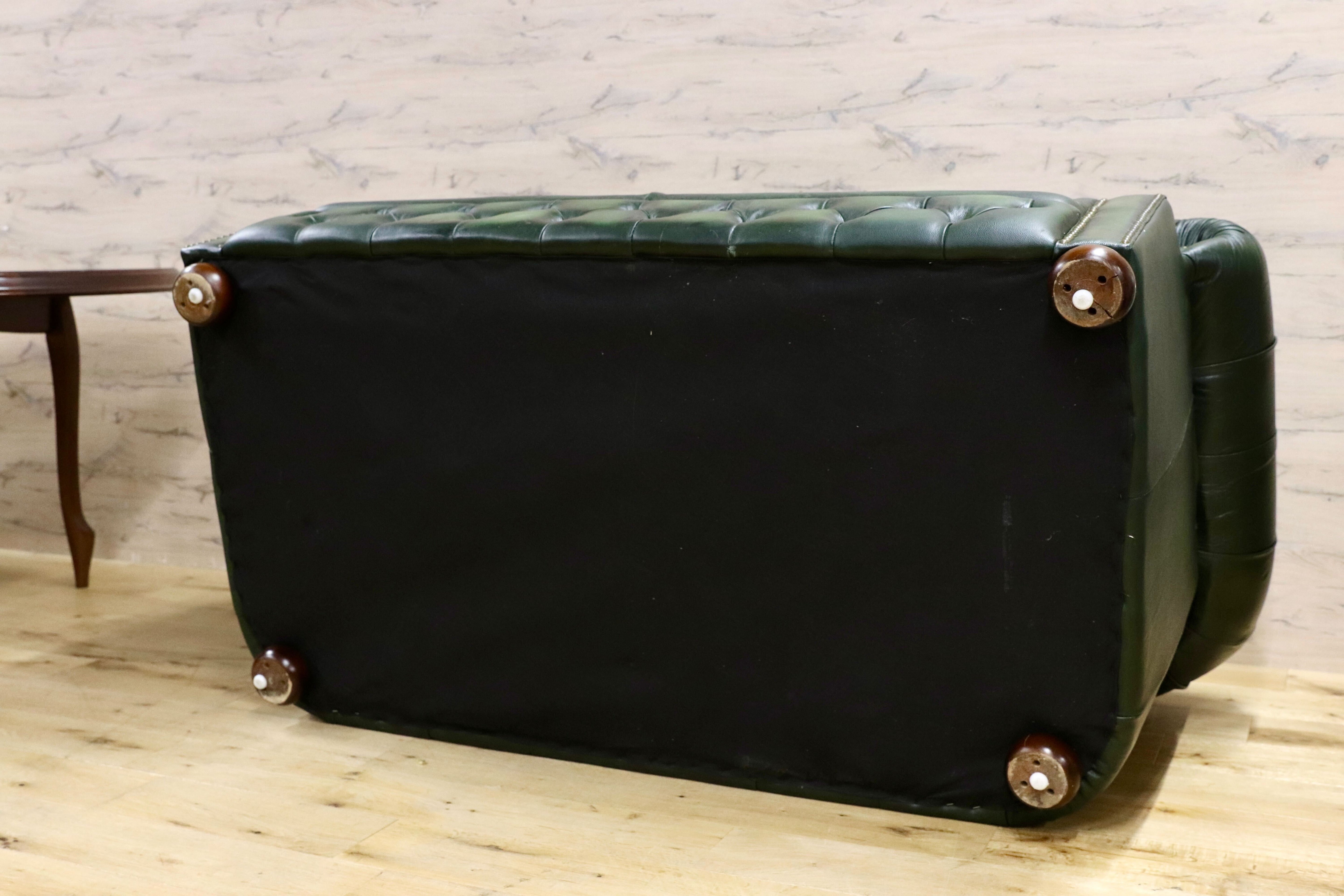 GMIK562○イギリス チェスターフィールド 2人掛けソファ ラブソファ 本革 緑 グリーン 2シーター クラシック アンティーク 椅子 英国