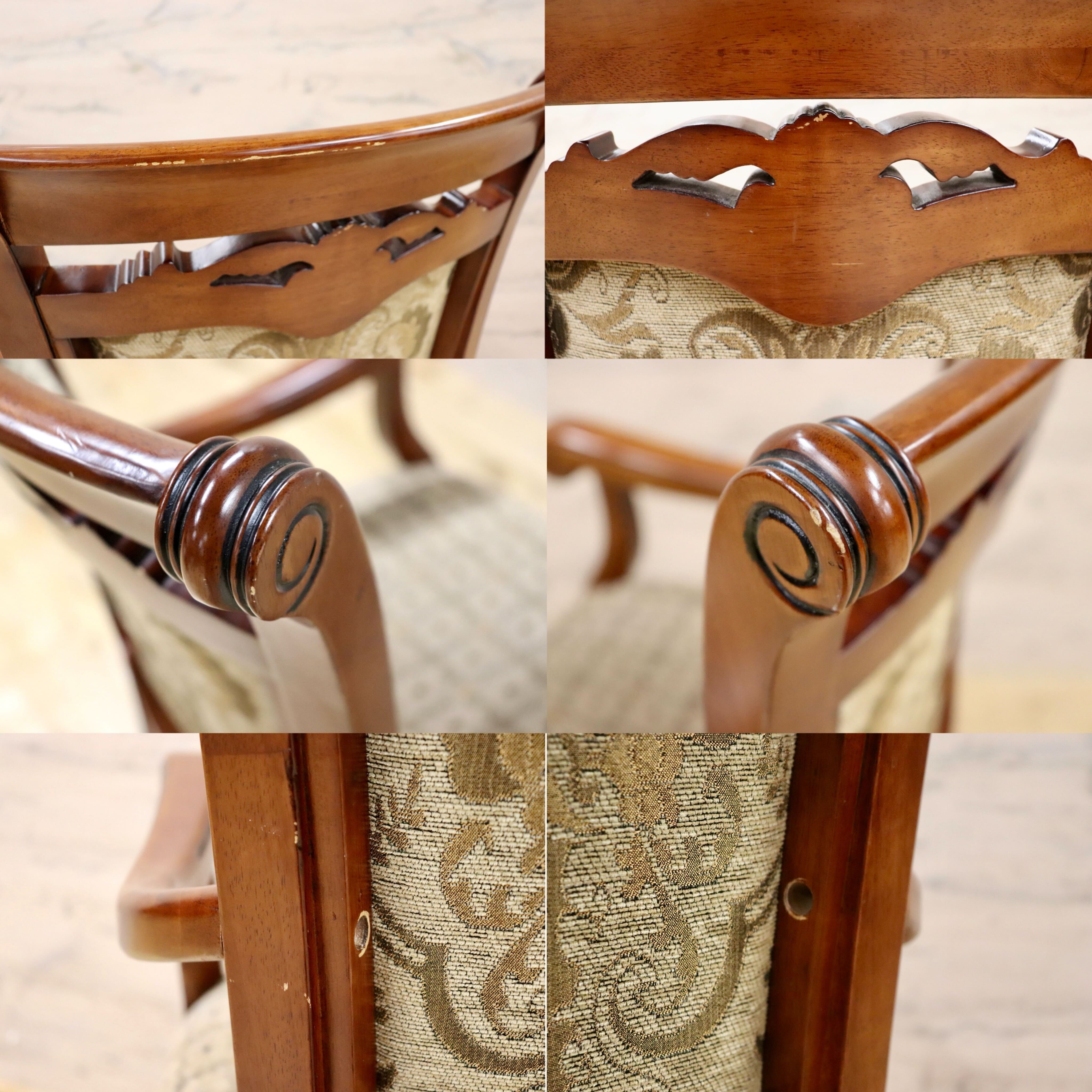 GMHS126B○イタリア アンティーク ダイニングチェア 食卓椅子 彫刻 ロココ調 猫脚 鋲打ち ファブリック クラシック ヨーロピアン