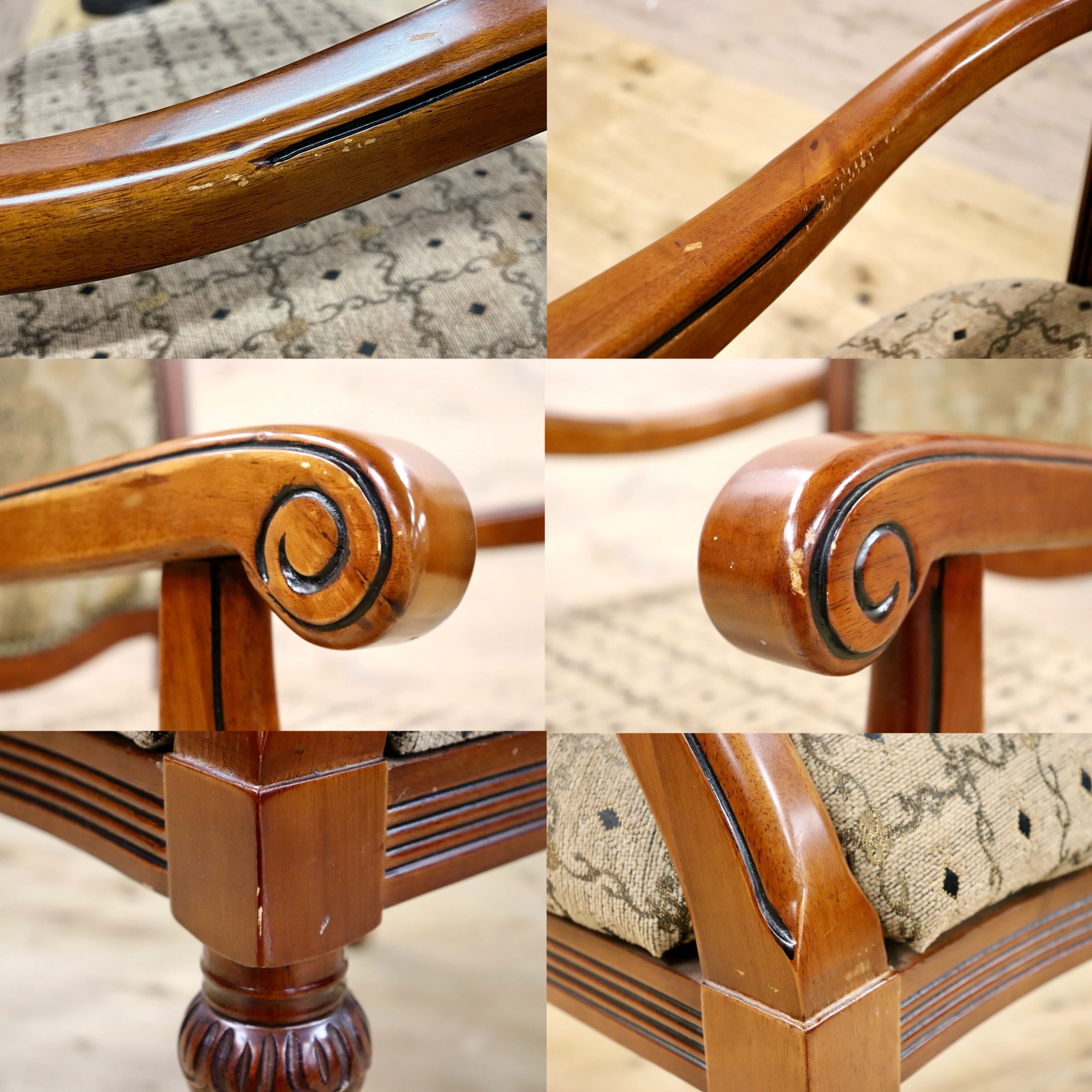 GMHS126B○イタリア アンティーク ダイニングチェア 食卓椅子 彫刻 ロココ調 猫脚 鋲打ち ファブリック クラシック ヨーロピアン