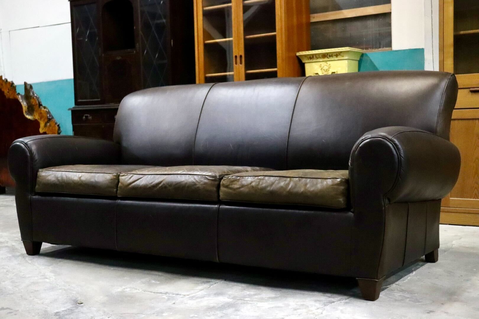 GMIK558○Pottery Barn / ポッタリーバーン 3人掛けソファ トリプルソファ 長椅子 本革 ダークブラウン アメリカ ヴィンテージ