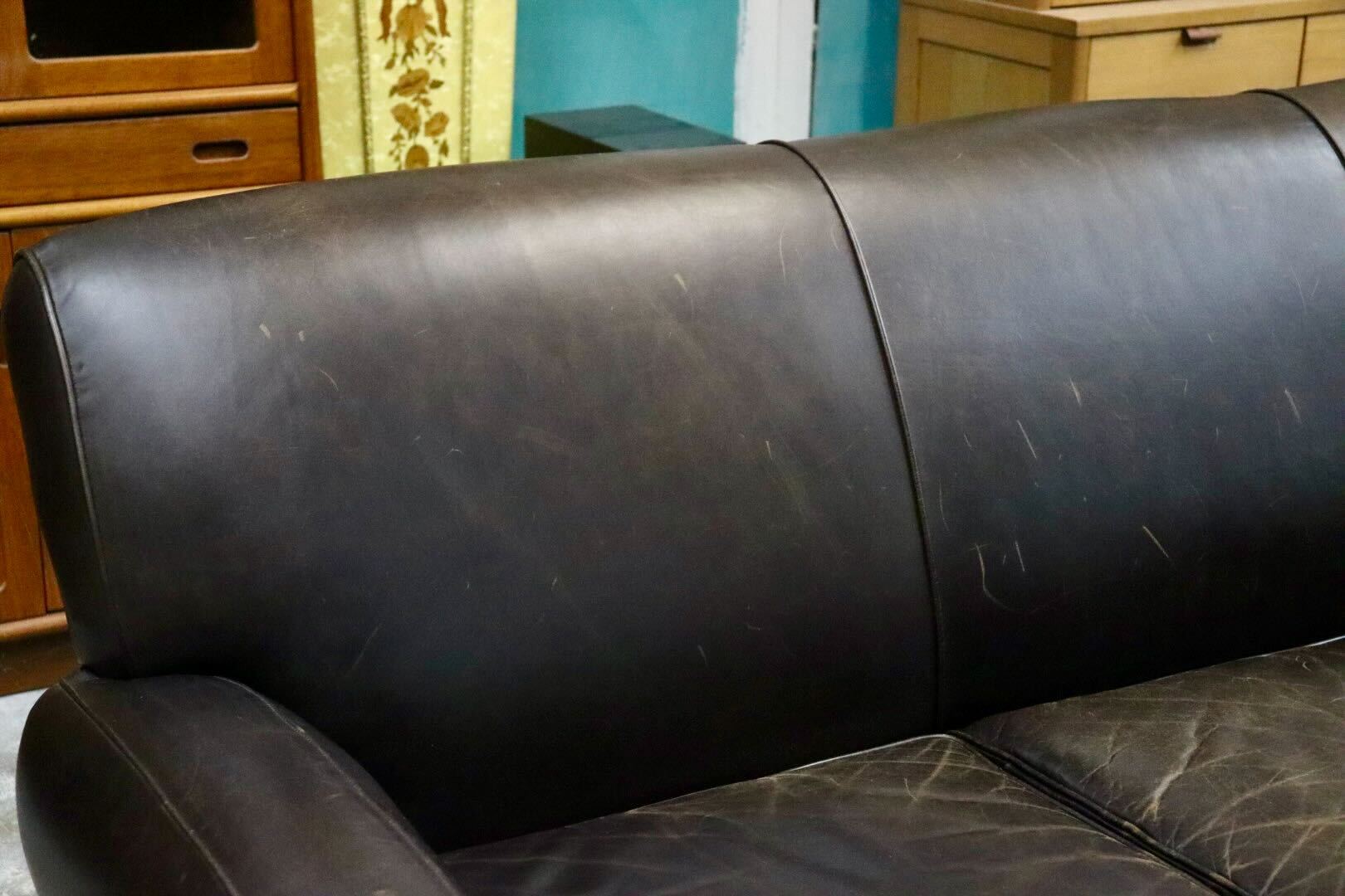 GMIK558○Pottery Barn / ポッタリーバーン 3人掛けソファ トリプルソファ 長椅子 本革 ダークブラウン アメリカ ヴィンテージ