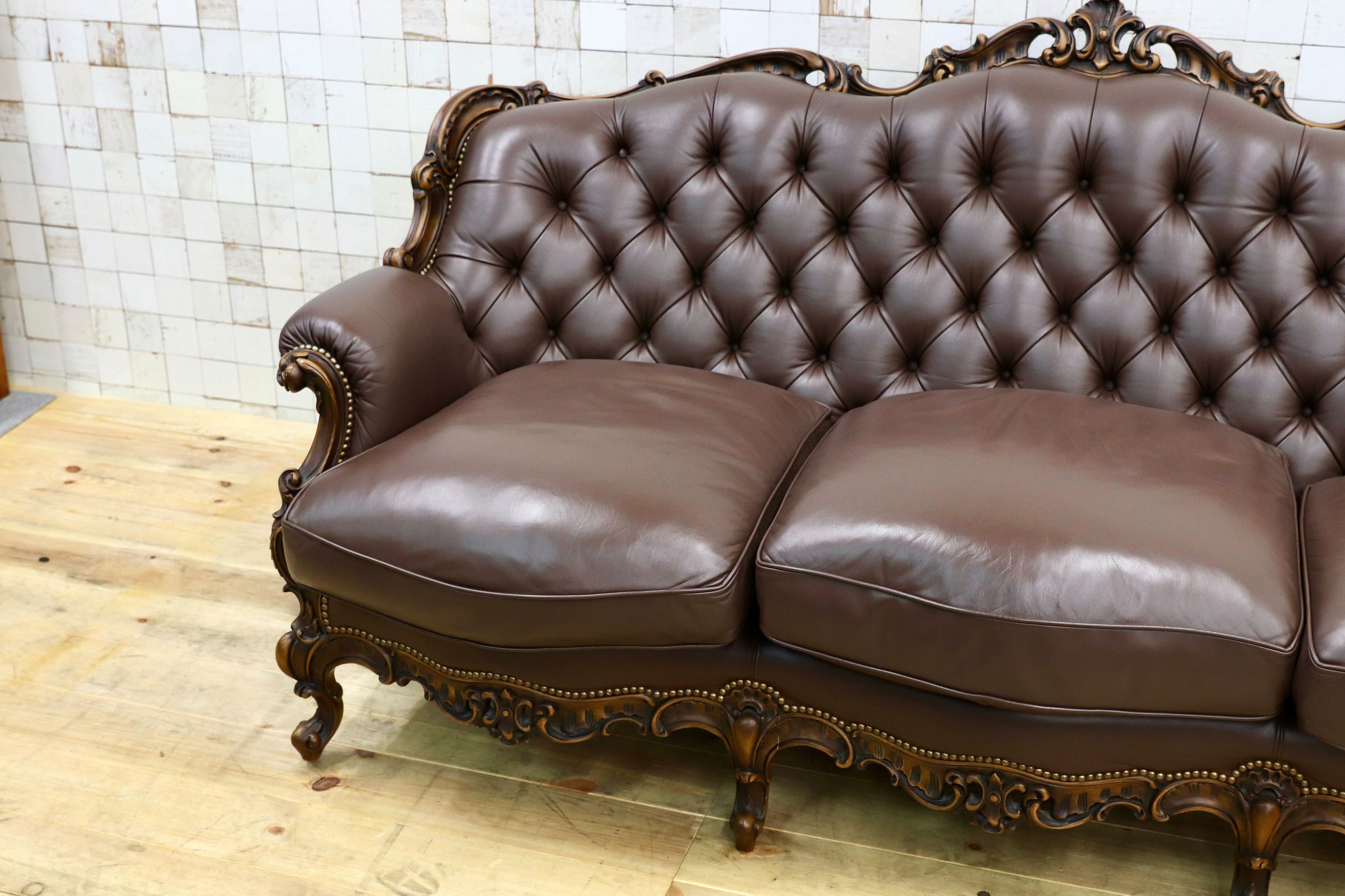 GMIO31○domani / ドマーニ ルイVX 3人掛けソファ トリプルソファ 長椅子 本革 ブラウン カリモク最高峰 クラシック ロココ 約130万