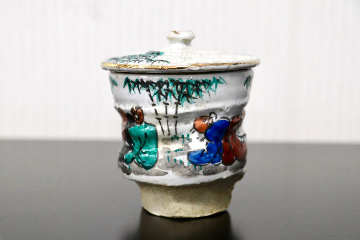GMJH332AM◯竹林七賢図 色絵金彩 蓋付汲出茶碗 二客揃 夫婦湯呑 煎茶器 茶道具 古陶磁