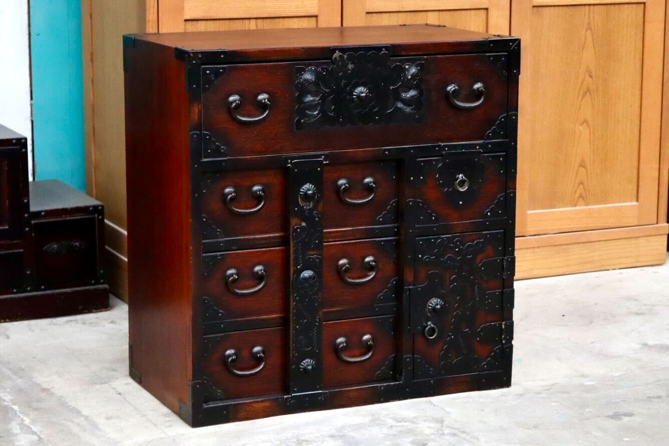 GMIS518○箪笥 チェスト 時代箪笥 民芸箪笥 和箪笥 収納棚 閂錠 引き出し 戸棚 和家具 無垢材 レトロ アンティーク