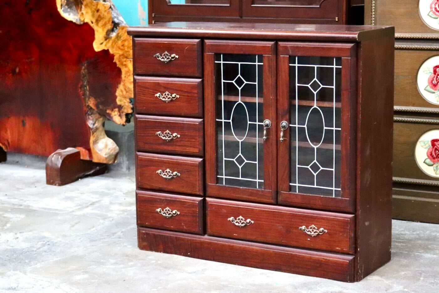 GMIH224B○キャビネット サイドボード チェスト 引き出し ステンドグラス風 木製 ガラス レトロ クラシック ヴィンテージ