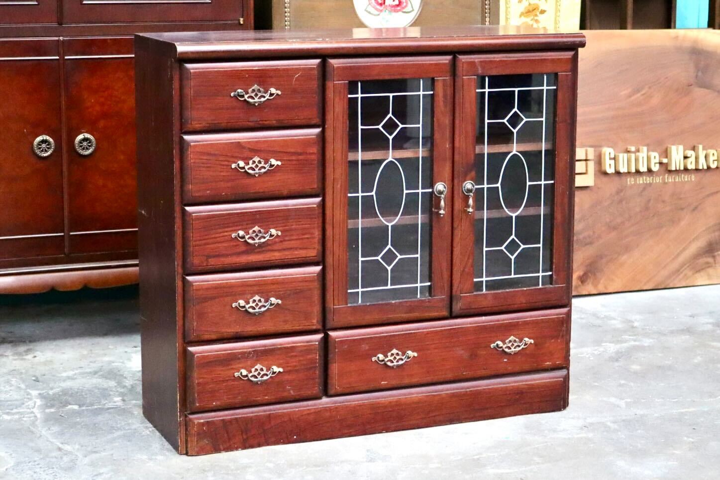 GMIH224B○キャビネット サイドボード チェスト 引き出し ステンドグラス風 木製 ガラス レトロ クラシック ヴィンテージ