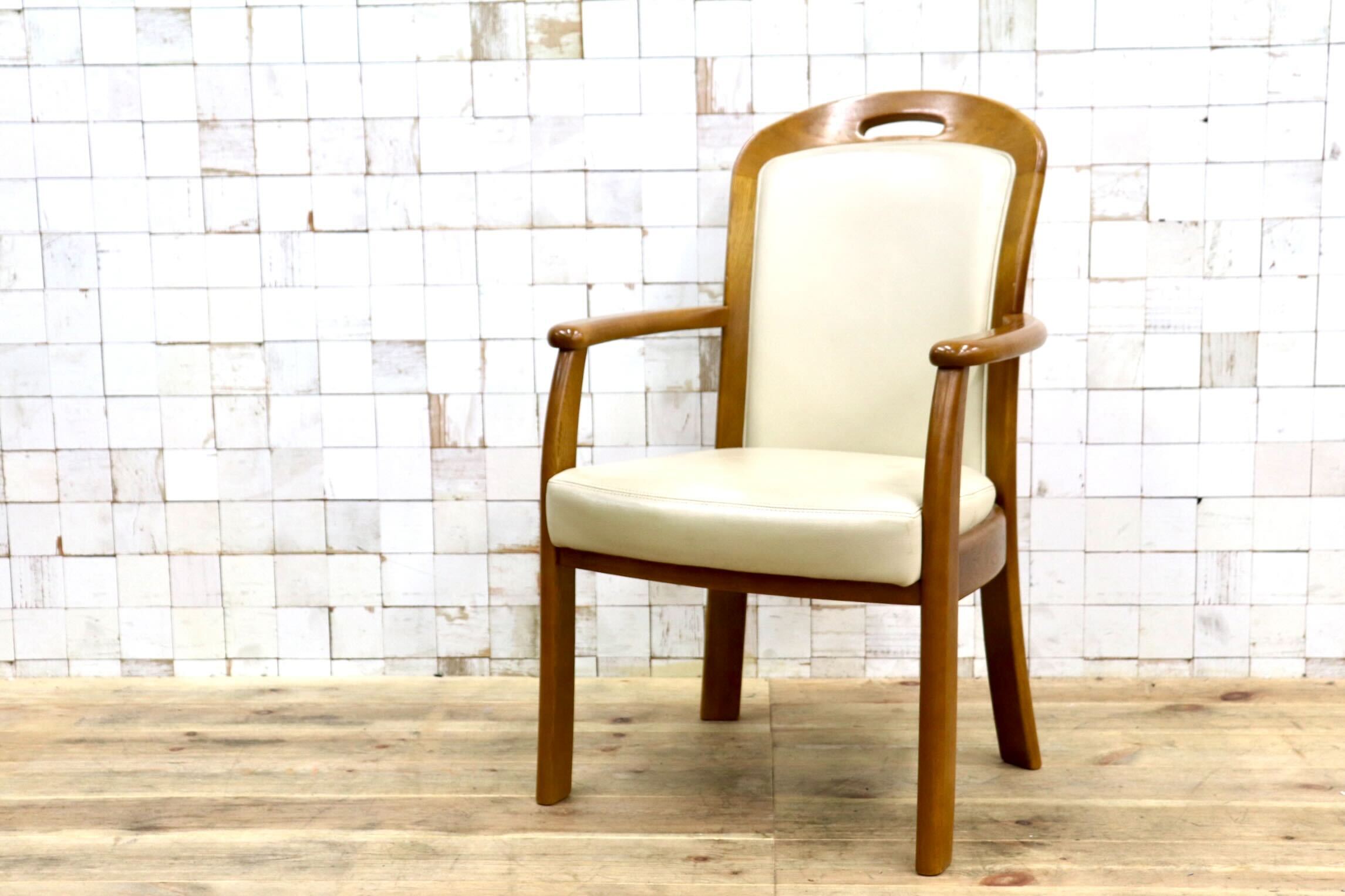 GMIS547E〇浜本工芸 / HAMAMOTO 椅子 ダイニングチェア アームチェア 本革 アイボリー オーク 定価約6.9万
