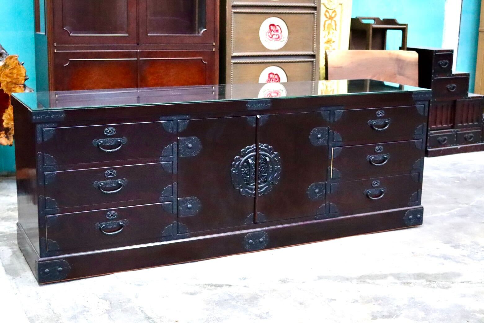 GMIH422A○筑後民芸家具 チェスト 整理箪笥 箪笥 タンス ローボード 引出し収納 欅材 ガラス 和家具 和モダン レトロ アンティーク調