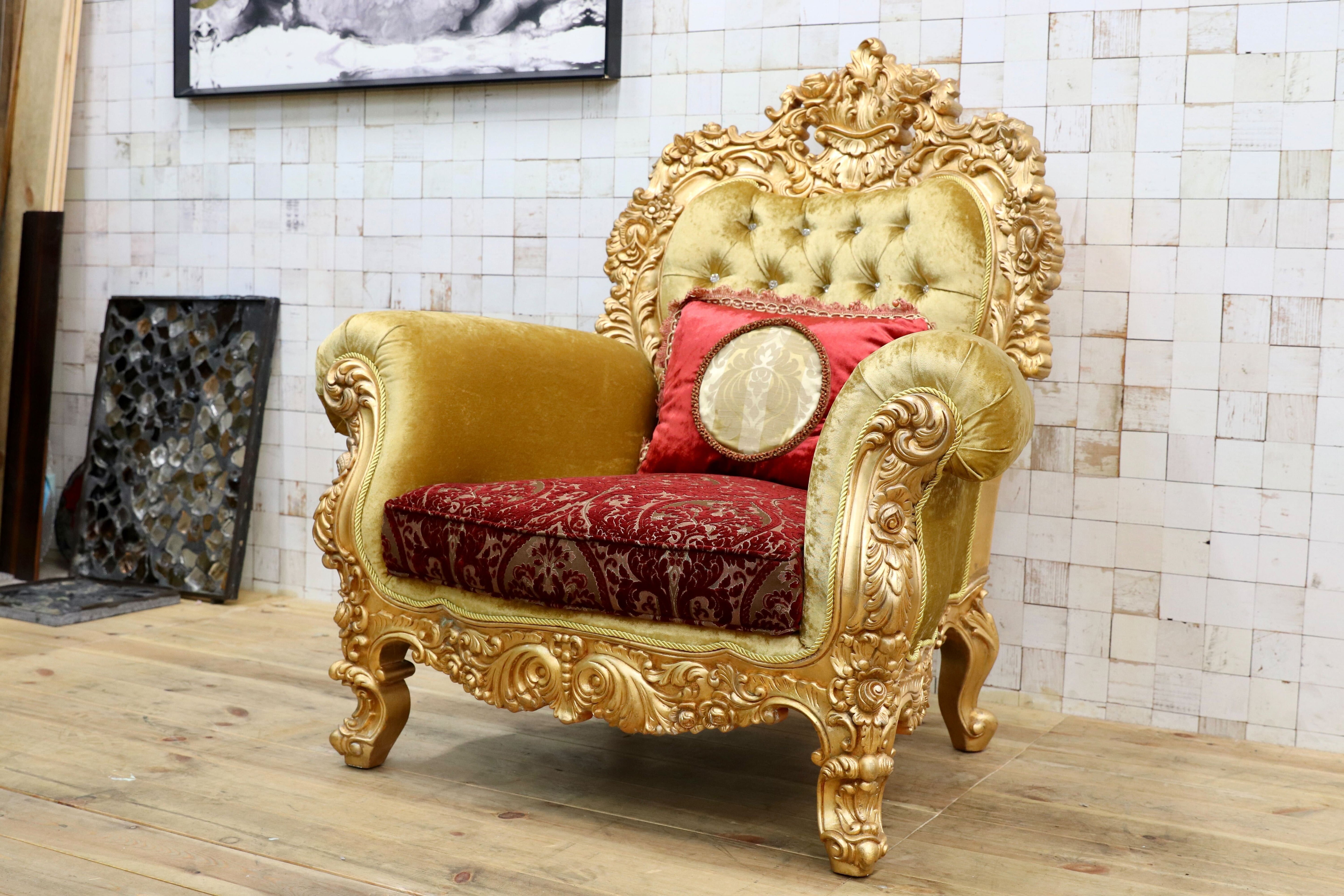 GMIS310A○18世紀 イギリス クラシックスタイル シングルソファ ロココ調 スワロフスキー 最高級 ゴールド エレガント 展示品