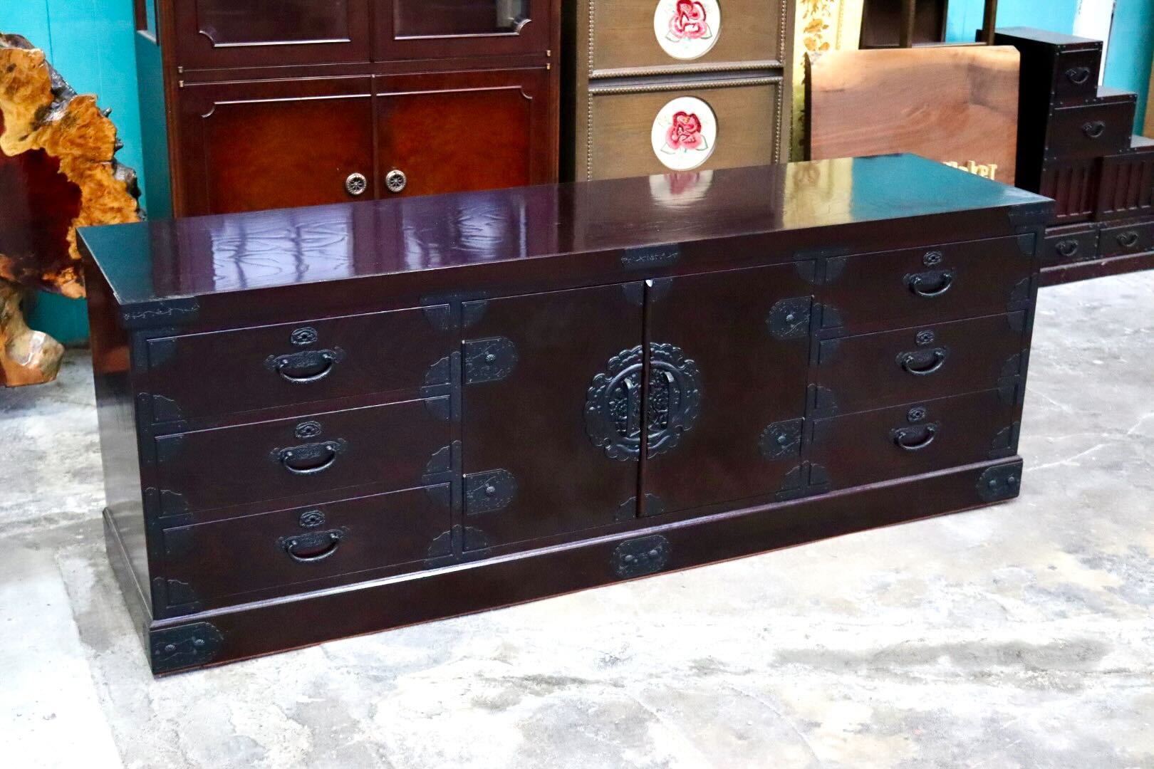 GMIH422A○筑後民芸家具 チェスト 整理箪笥 箪笥 タンス ローボード 引出し収納 欅材 ガラス 和家具 和モダン レトロ アンティーク調