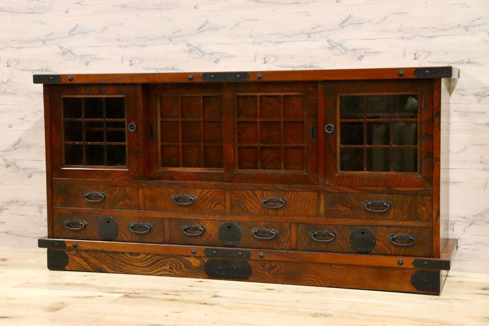 GMIH286○和モダン 欅材 サイドボード キャビネット 飾り棚 時代箪笥 リビング収納 レトロ アンティーク 和室 古民家 美品