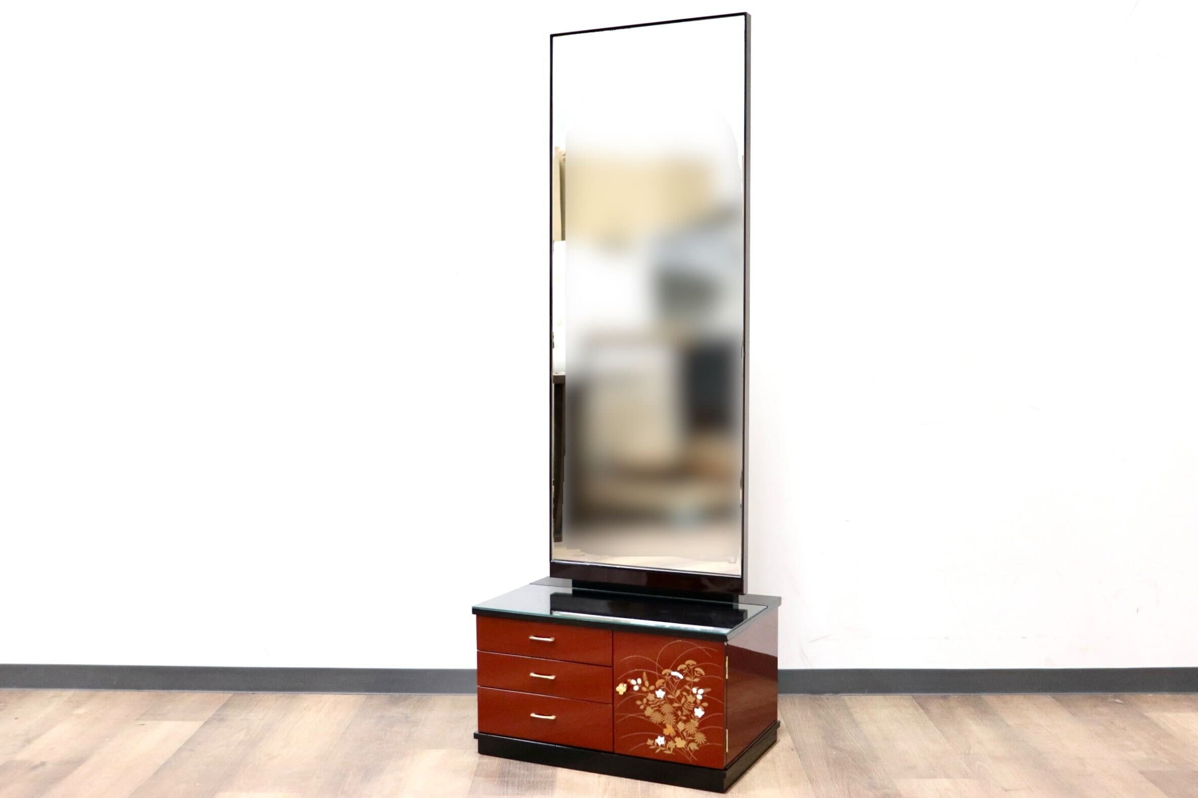 GMGF123○MATSUSO / 松創 全身鏡 姿見 スタンドミラー 小引出し 収納家具 漆塗り 和モダン レトロ 伝統工芸 府中家具 IDC大塚家具 展示品