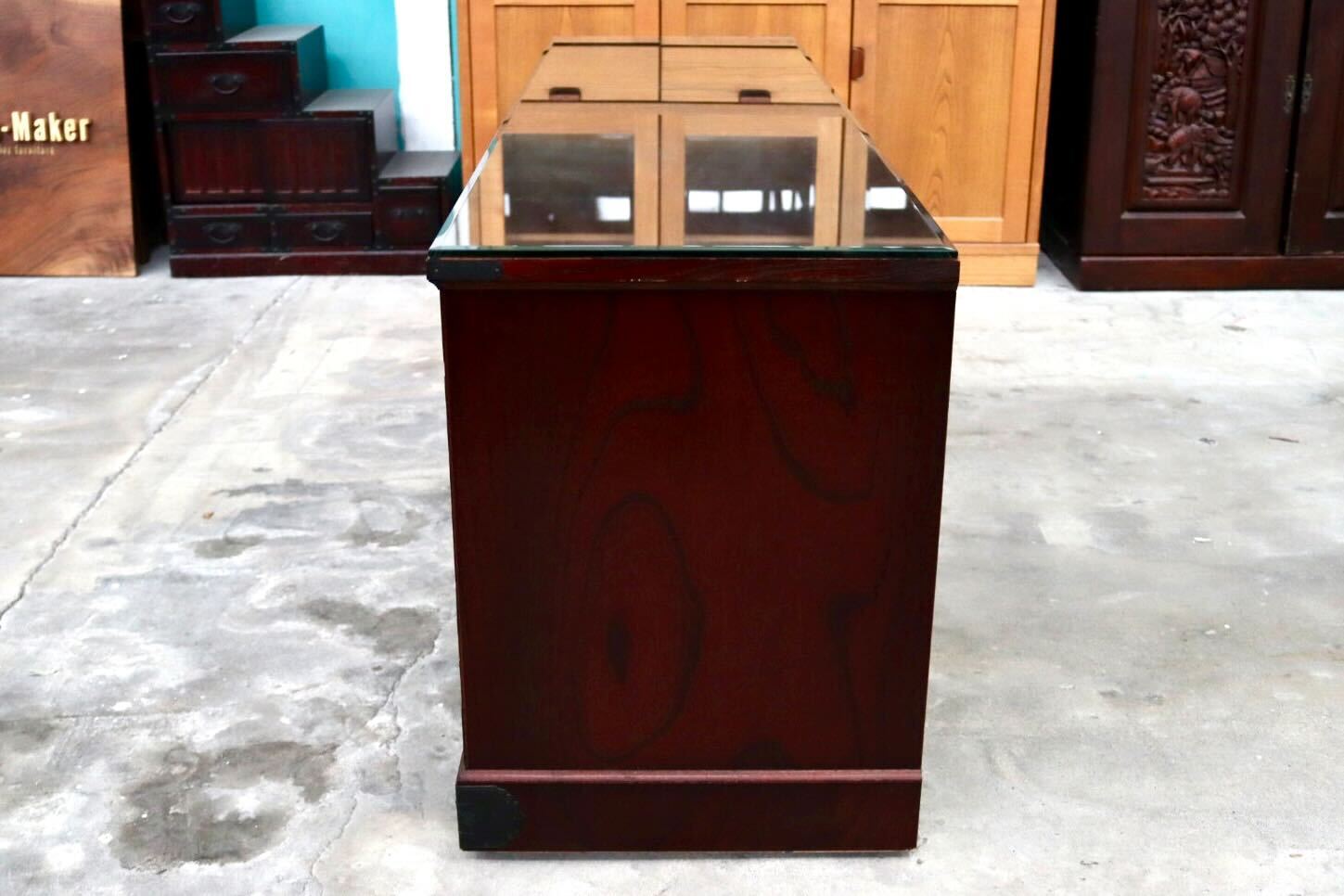 GMIH422B○筑後民芸家具 チェスト 整理箪笥 箪笥 タンス ローボード 引出し収納 欅材 ガラス 和家具 和モダン レトロ アンティーク調