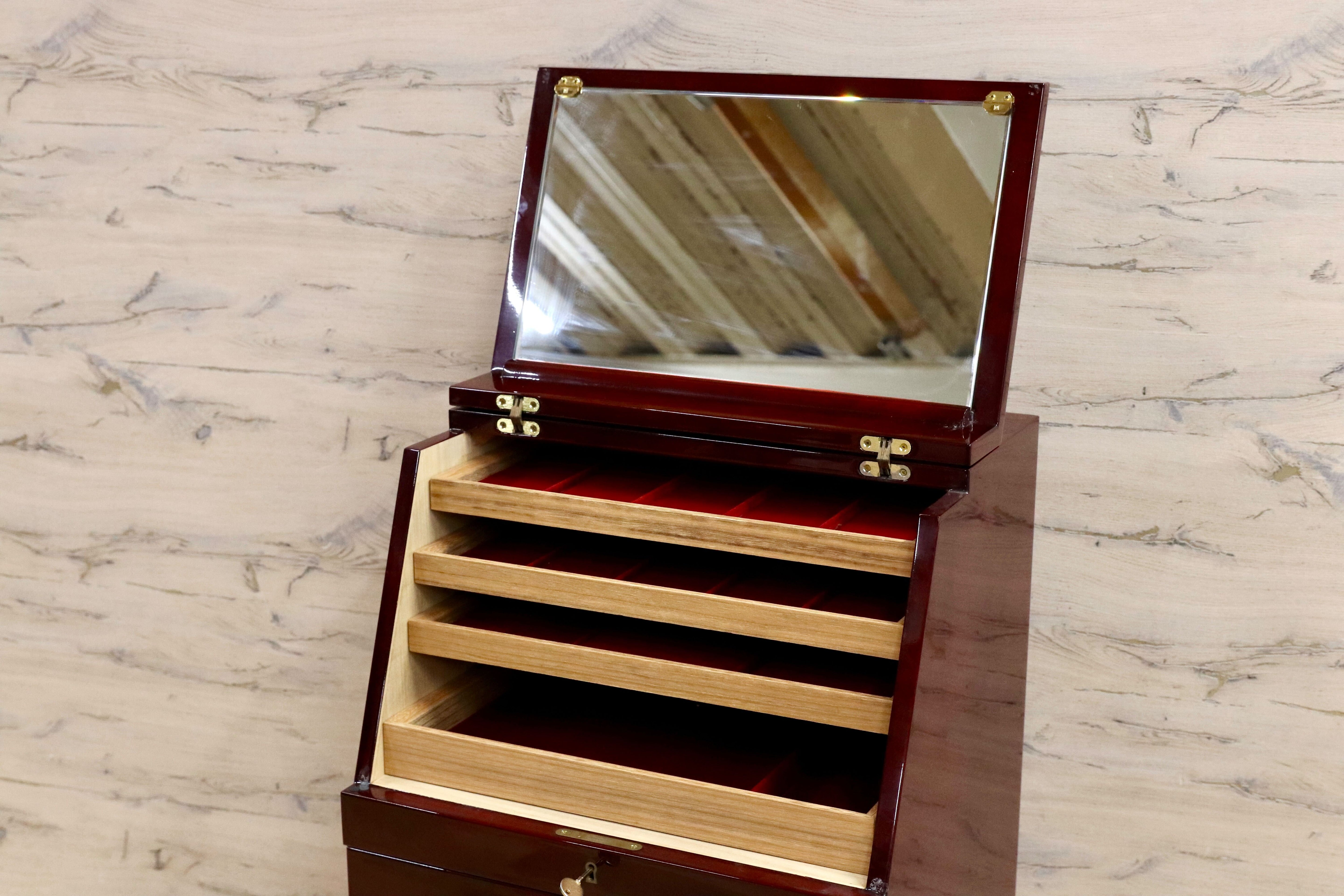GMHS405○北谷家具 / KIT FURNITURE アクセサリーキャビネット 仔山羊革張り ジュエリーボックス ヴィンテージ 皇室御用達 定価約77万 稀少