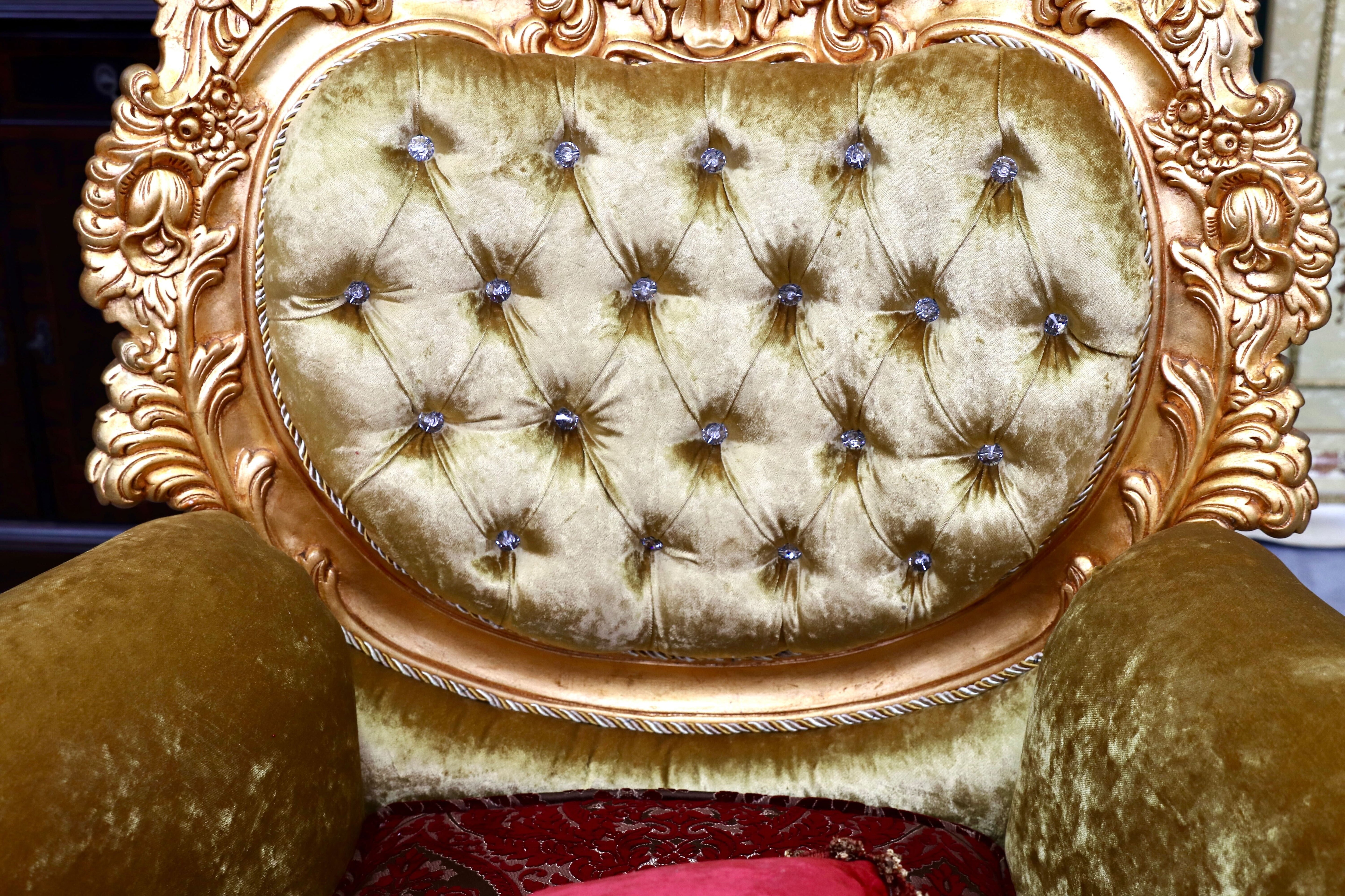 GMIS310B○18世紀 イギリス クラシックスタイル シングルソファ ロココ調 スワロフスキー 最高級 ゴールド エレガント 展示品