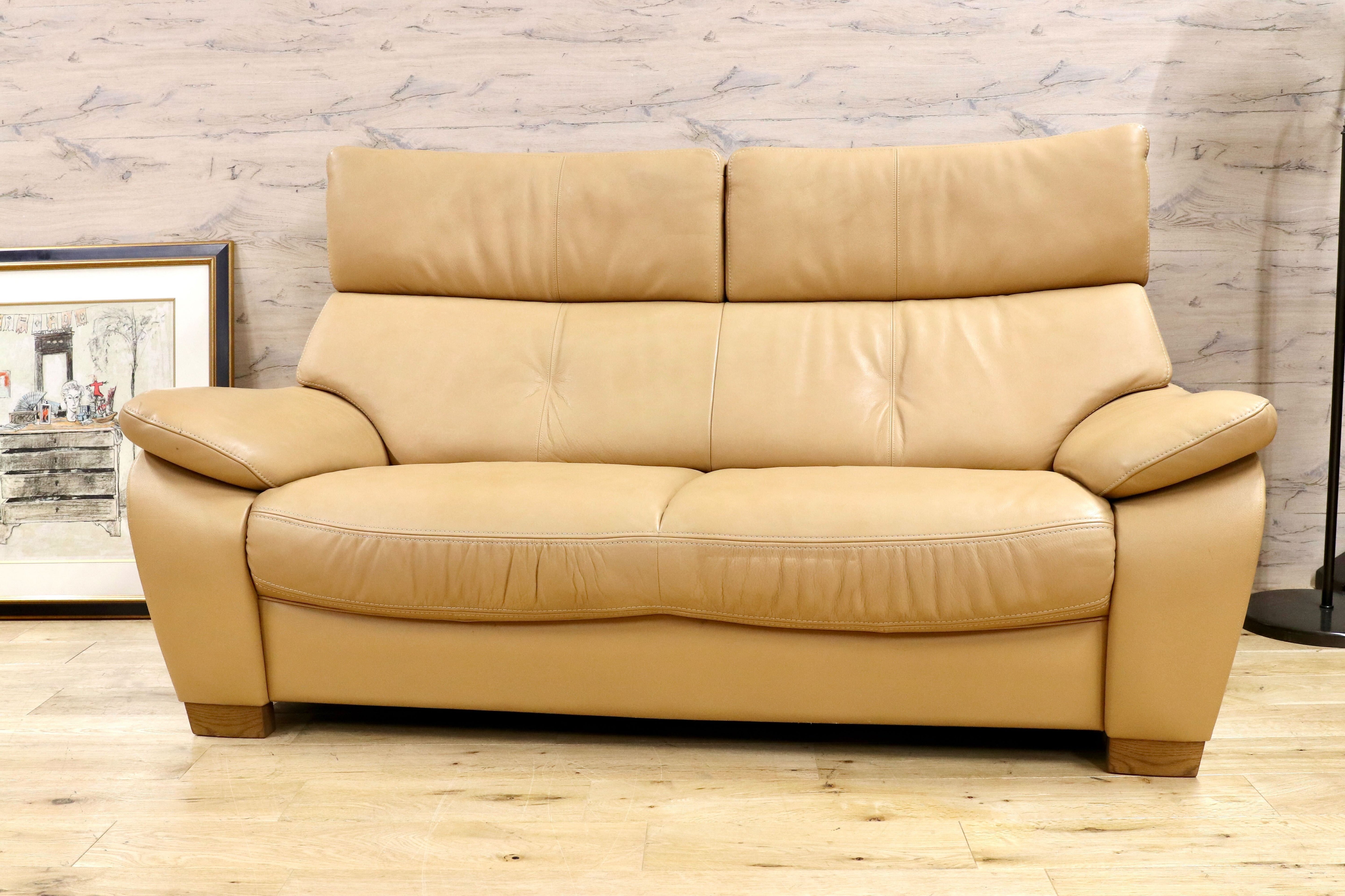 GMHK70○karimoku / カリモク 2人掛けソファ ラブソファ 2シーター 本革 ベージュ 国産家具 約28万