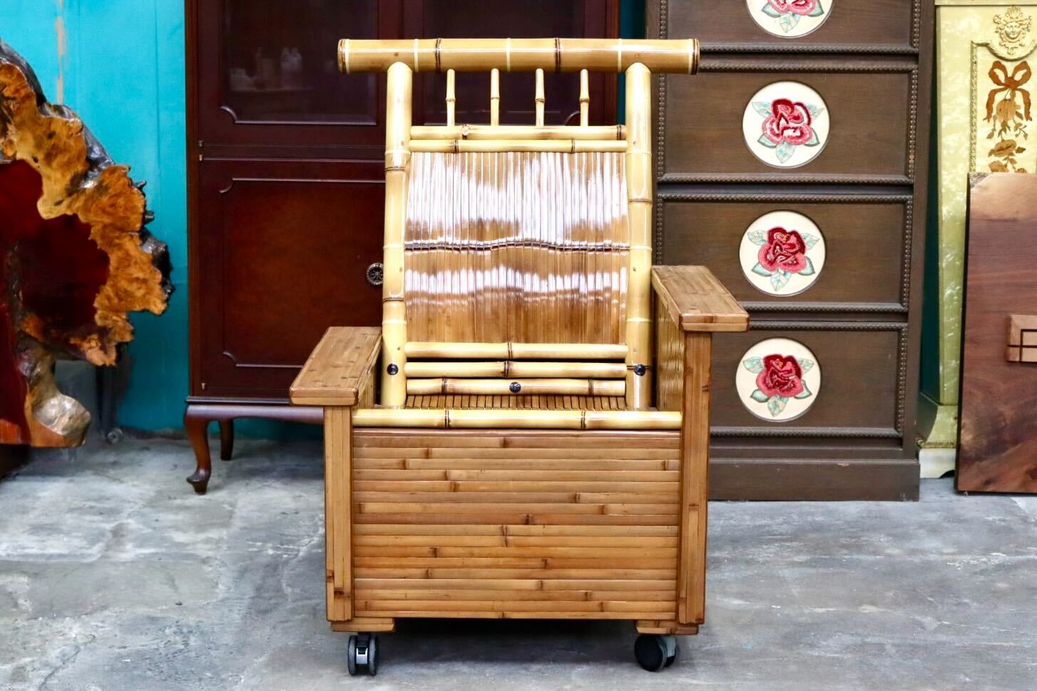 GMIH428○梅里竹芸 1人掛けソファ アームチェア 左高タイプ 高級 真竹 伝統工芸品 キャスター付き 健康椅子 和モダン 定価約25万