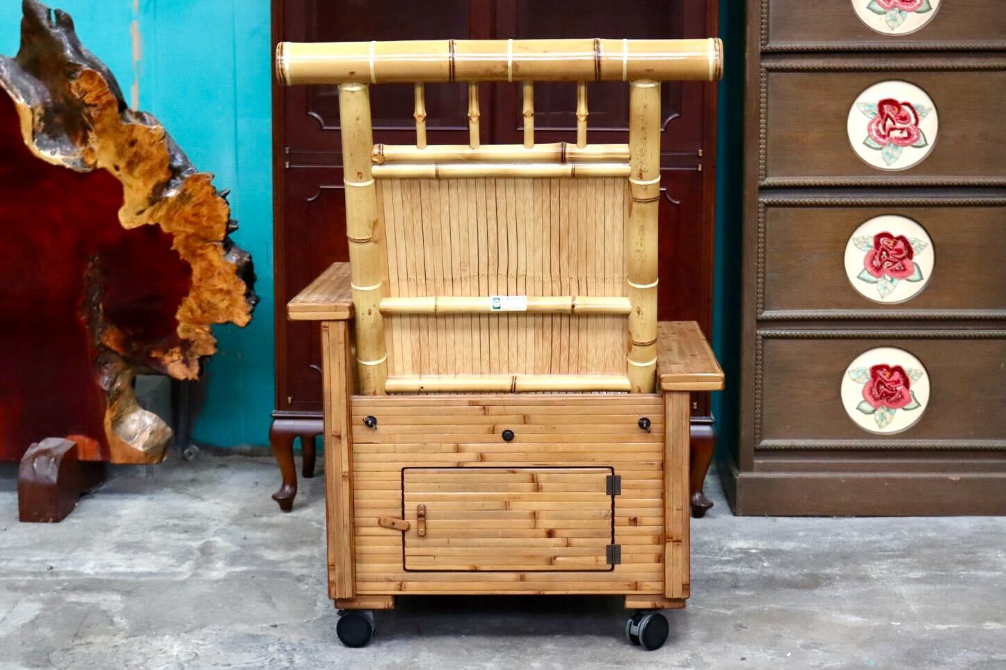 GMIH428○梅里竹芸 1人掛けソファ アームチェア 左高タイプ 高級 真竹 伝統工芸品 キャスター付き 健康椅子 和モダン 定価約25万