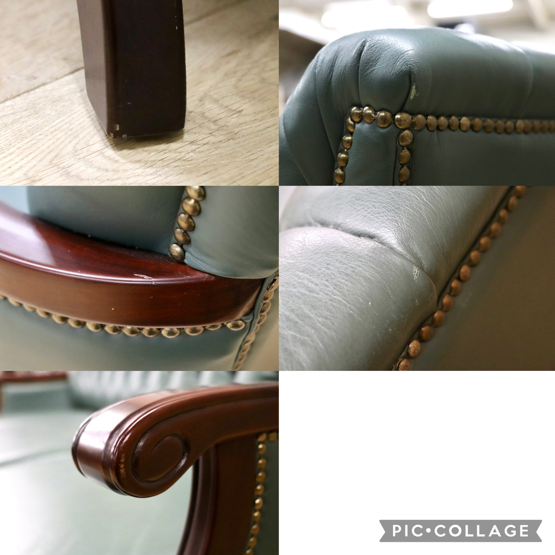 GMJK198D○奈技工房 ALDO トリプルソファ 長椅子 本革 鋲打ち 猫脚 クラシック ヨーロピアン ロココ調 グリーン 定価約62万円